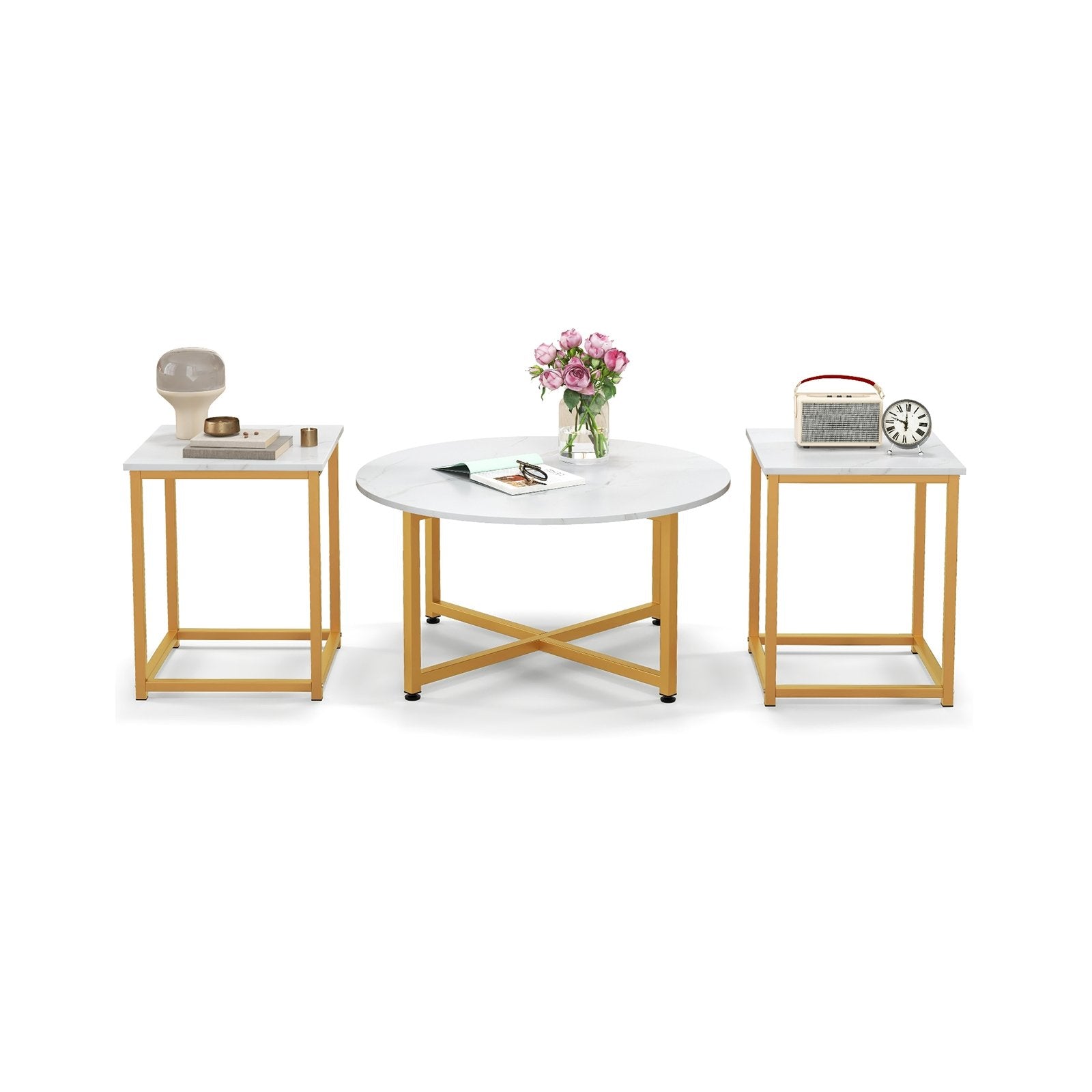 3-Piece Coffee Table Set Round Coffee Table and 2PCS Square End Tables-White and Gold, White Coffee Tables White  at Gallery Canada