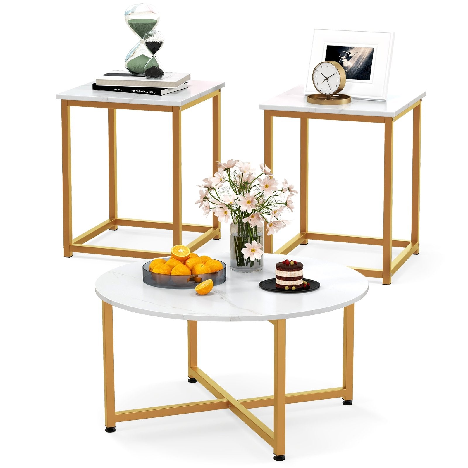 3-Piece Coffee Table Set Round Coffee Table and 2PCS Square End Tables-White and Gold, White Coffee Tables   at Gallery Canada