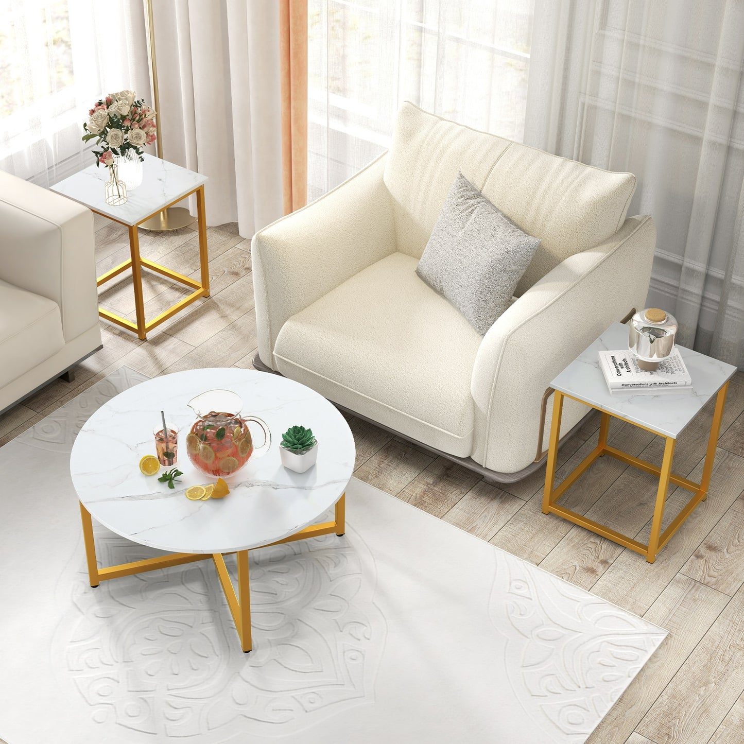 3-Piece Coffee Table Set Round Coffee Table and 2PCS Square End Tables-White and Gold, White Coffee Tables   at Gallery Canada