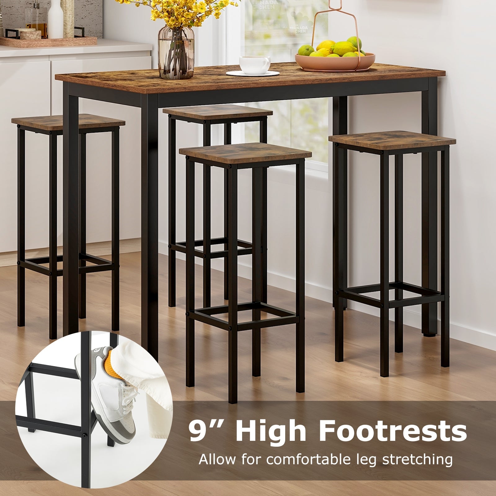 Set of 4 Bar Stool Set with Metal Legs and Footrest, Coffee Bar Stools   at Gallery Canada