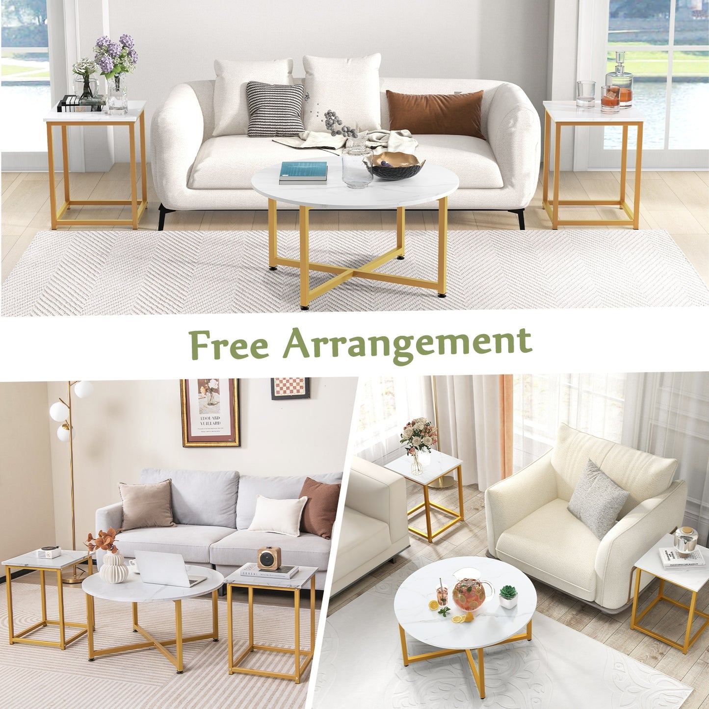 3-Piece Coffee Table Set Round Coffee Table and 2PCS Square End Tables-White and Gold, White Coffee Tables   at Gallery Canada