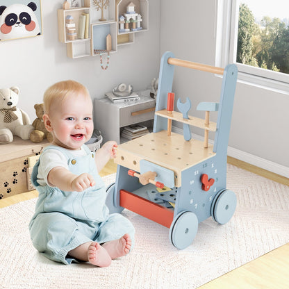 2-in-1 Toddler Wooden Baby Push Walker with Multi-Activity Center, Blue Baby Gyms & Playmats   at Gallery Canada