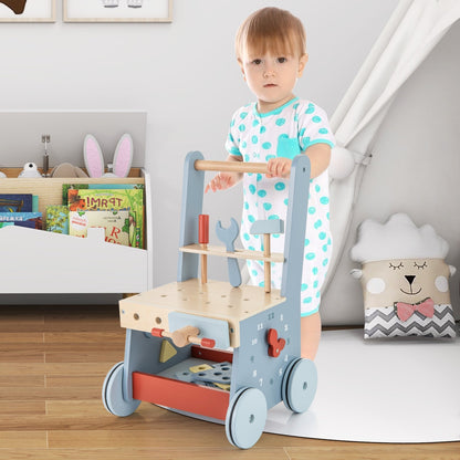 2-in-1 Toddler Wooden Baby Push Walker with Multi-Activity Center, Blue Baby Gyms & Playmats   at Gallery Canada