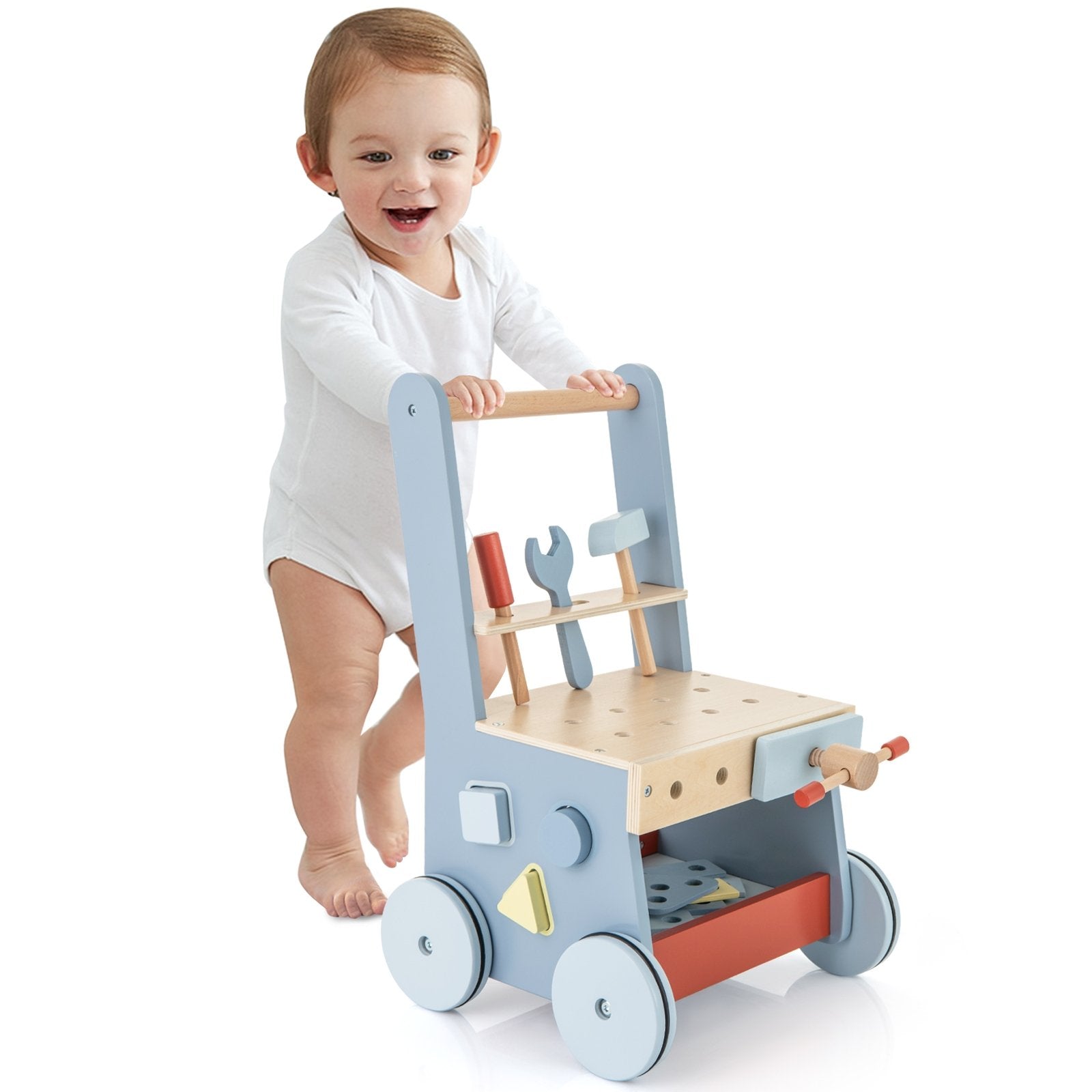 2-in-1 Toddler Wooden Baby Push Walker with Multi-Activity Center, Blue Baby Gyms & Playmats   at Gallery Canada