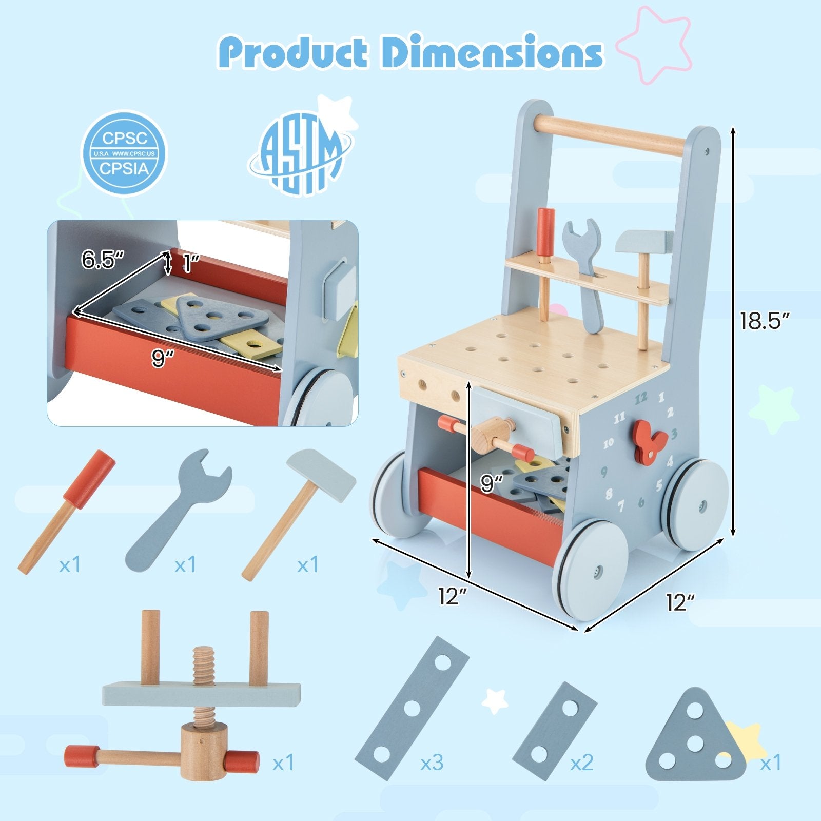 2-in-1 Toddler Wooden Baby Push Walker with Multi-Activity Center, Blue Baby Gyms & Playmats   at Gallery Canada