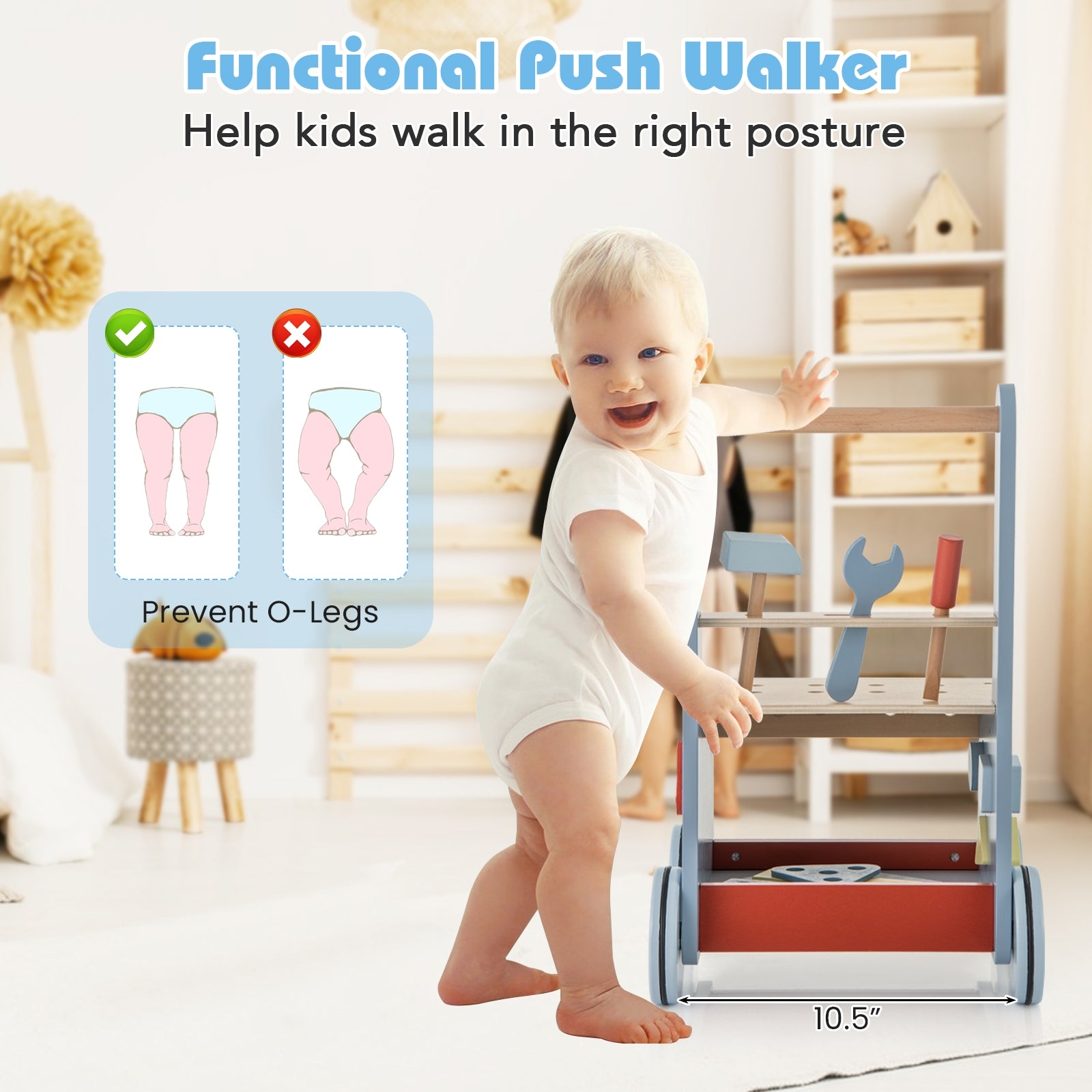 2-in-1 Toddler Wooden Baby Push Walker with Multi-Activity Center, Blue Baby Gyms & Playmats   at Gallery Canada