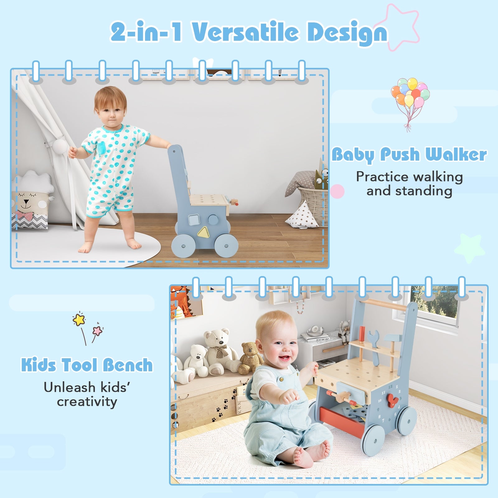 2-in-1 Toddler Wooden Baby Push Walker with Multi-Activity Center, Blue Baby Gyms & Playmats   at Gallery Canada