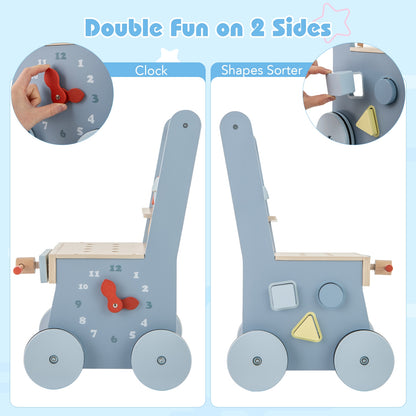 2-in-1 Toddler Wooden Baby Push Walker with Multi-Activity Center, Blue Baby Gyms & Playmats   at Gallery Canada