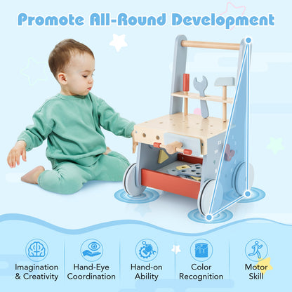 2-in-1 Toddler Wooden Baby Push Walker with Multi-Activity Center, Blue Baby Gyms & Playmats   at Gallery Canada