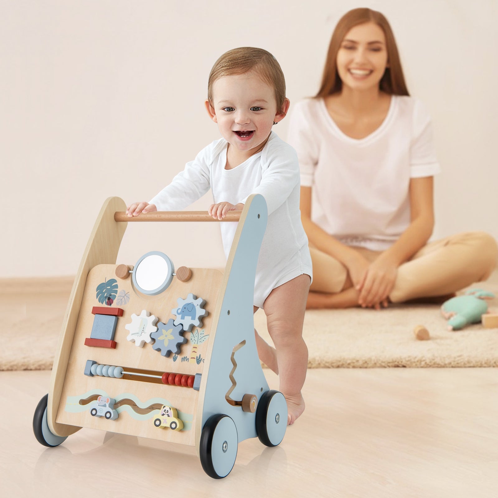 Wooden Baby Push and Pull Walker with Multi-Activity Learning Center, Blue Baby Gyms & Playmats   at Gallery Canada