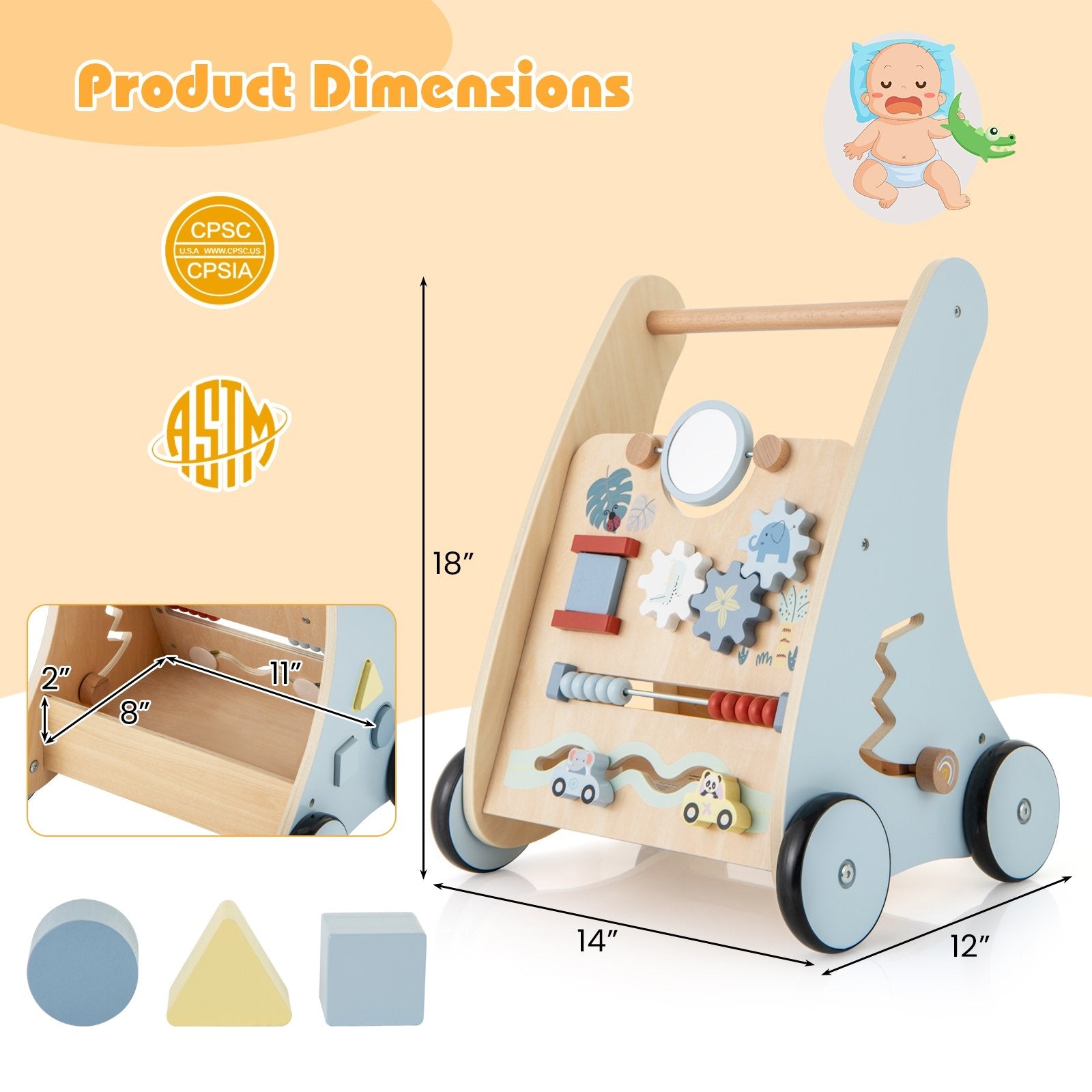 Wooden Baby Push and Pull Walker with Multi-Activity Learning Center, Blue Baby Gyms & Playmats   at Gallery Canada