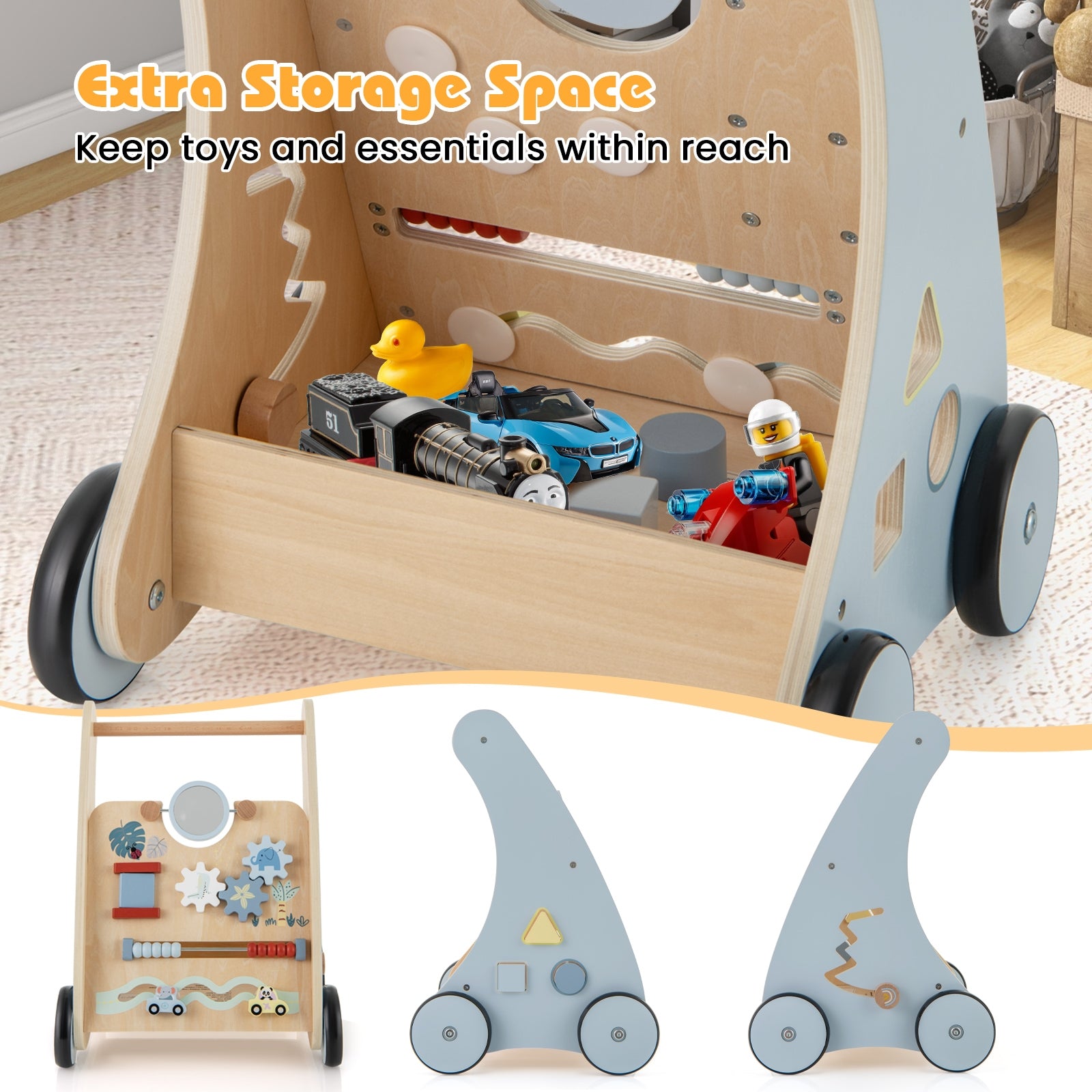 Wooden Baby Push and Pull Walker with Multi-Activity Learning Center, Blue Baby Gyms & Playmats   at Gallery Canada