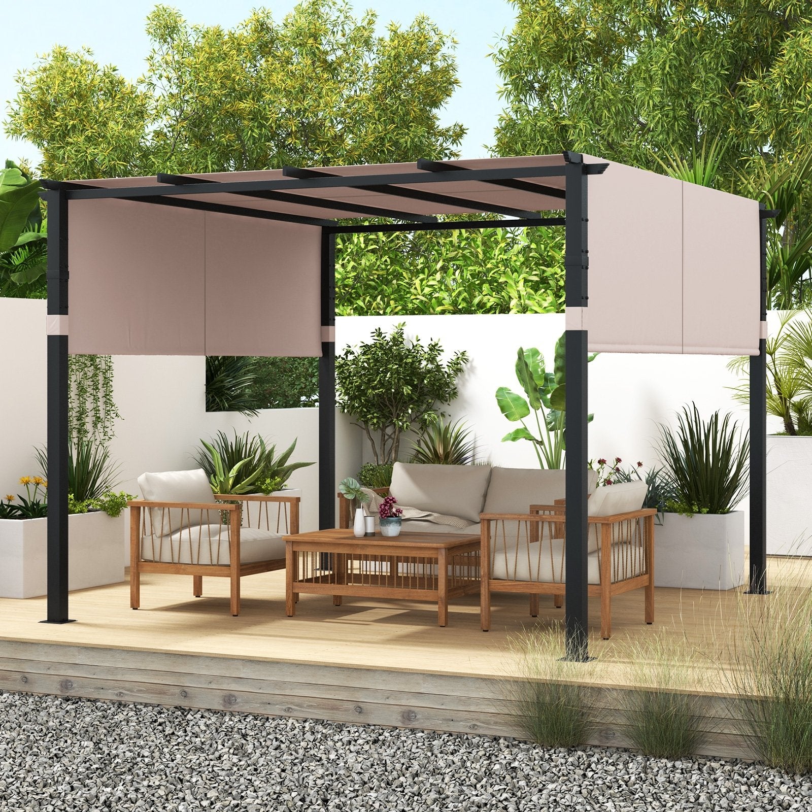 10 x 10 ft Flat Top Pergola with Retractable Canopy for Garden Pool Porch and Backyard, Beige Gazebos   at Gallery Canada