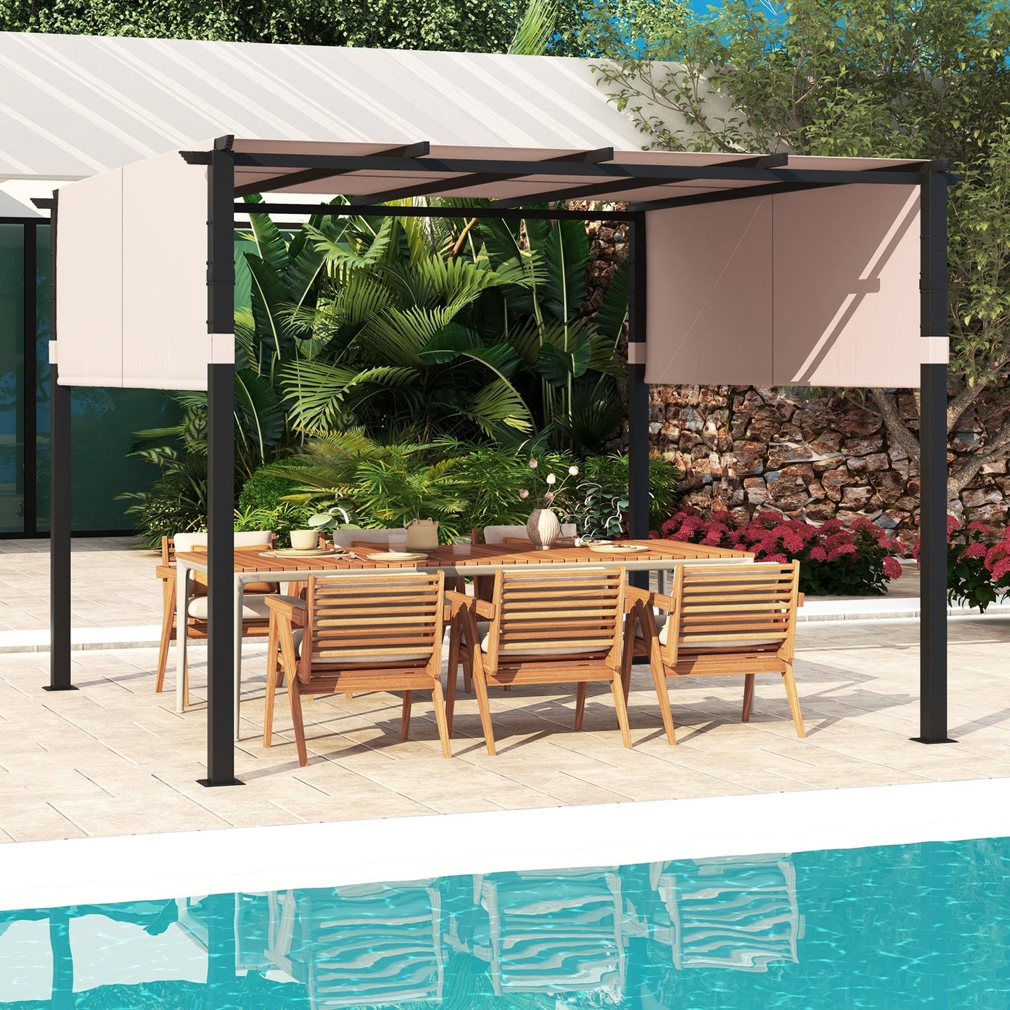 10 x 10 ft Flat Top Pergola with Retractable Canopy for Garden Pool Porch and Backyard, Beige Gazebos   at Gallery Canada