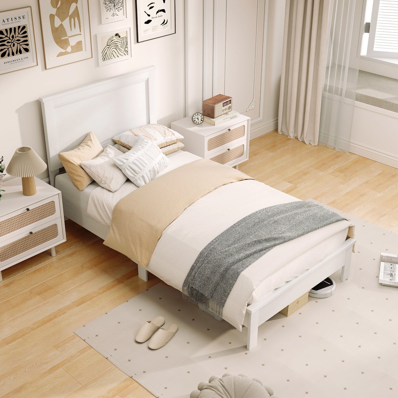 Twin Size Wooden Bed Frame with Headboard and Slat Support, White Simple Bed Frame   at Gallery Canada