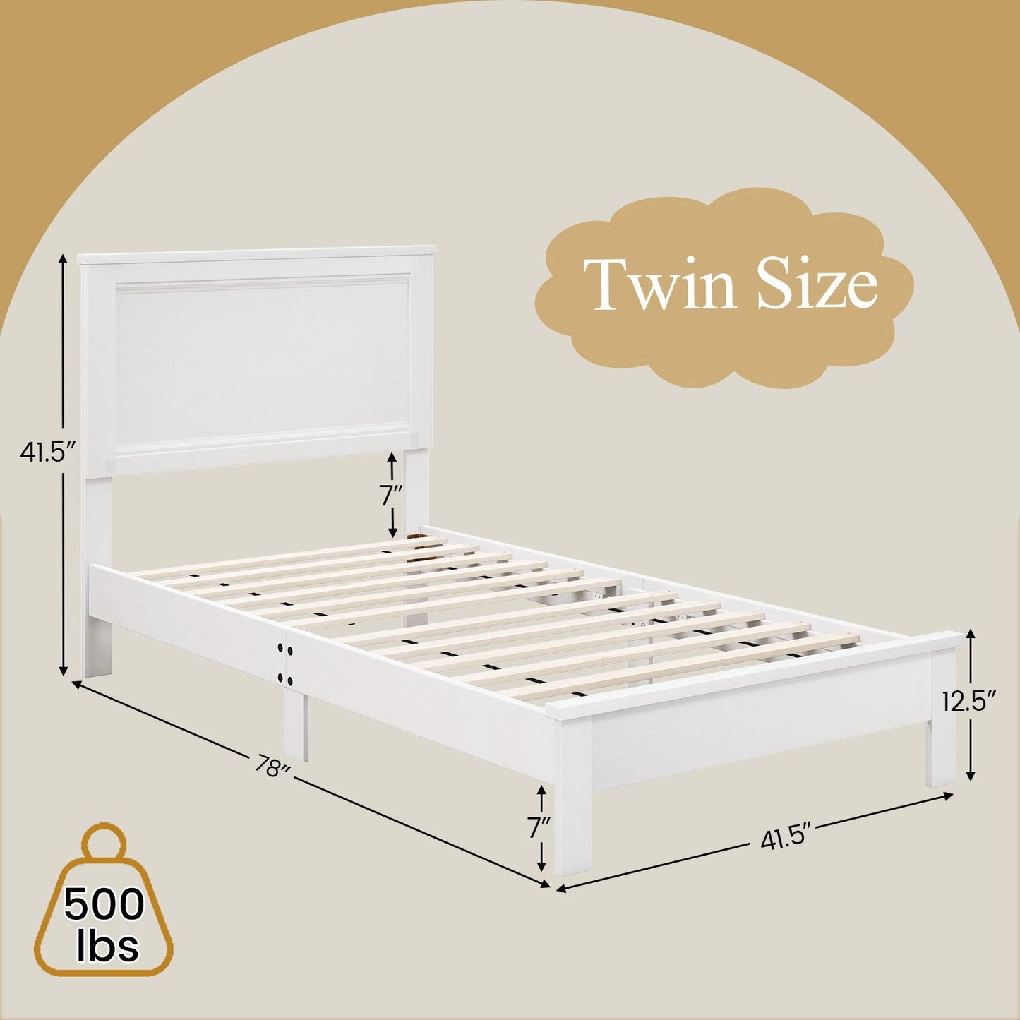 Twin Size Wooden Bed Frame with Headboard and Slat Support, White Simple Bed Frame   at Gallery Canada