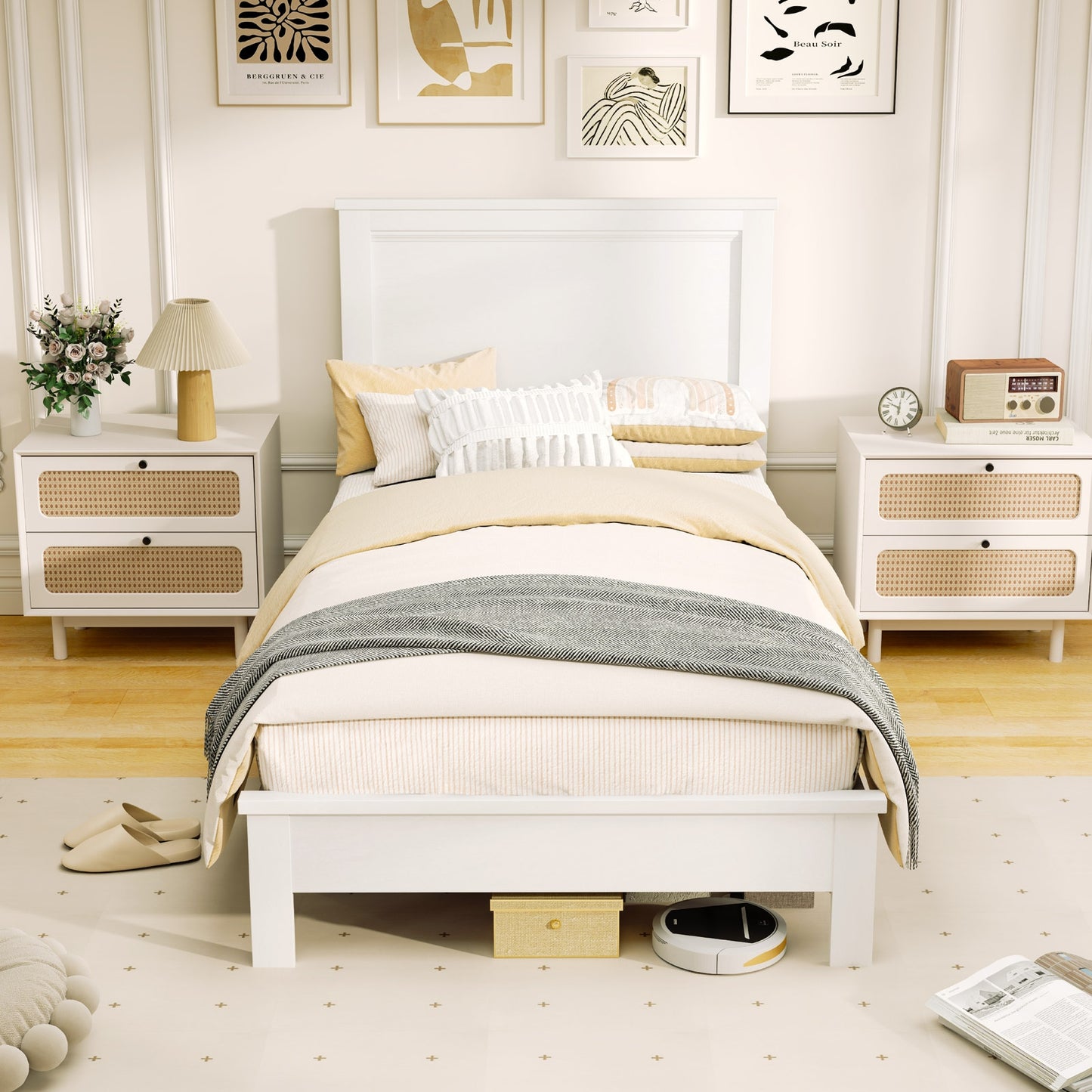 Twin Size Wooden Bed Frame with Headboard and Slat Support, White Simple Bed Frame   at Gallery Canada