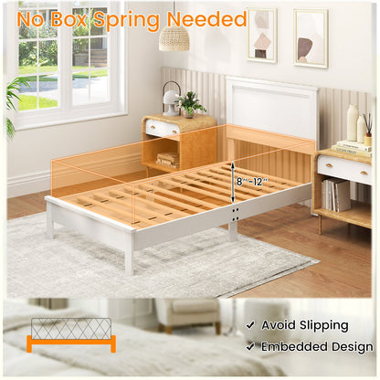 Twin Size Wooden Bed Frame with Headboard and Slat Support, White Simple Bed Frame   at Gallery Canada