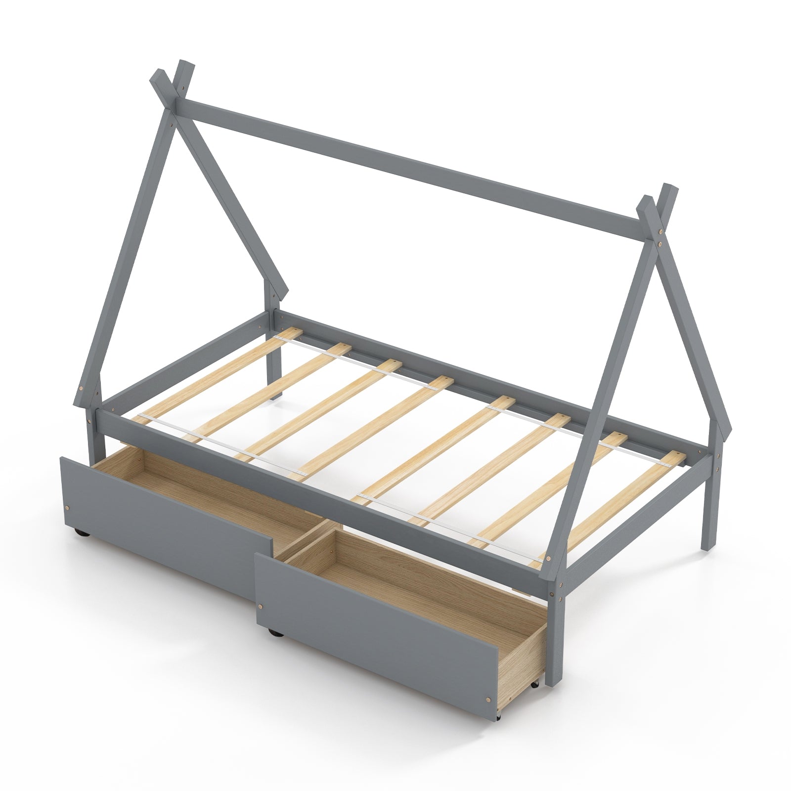 Twin Size Wooden Tent Platform House Bed with 2 Drawers, Gray Simple Bed Frame Gray  at Gallery Canada