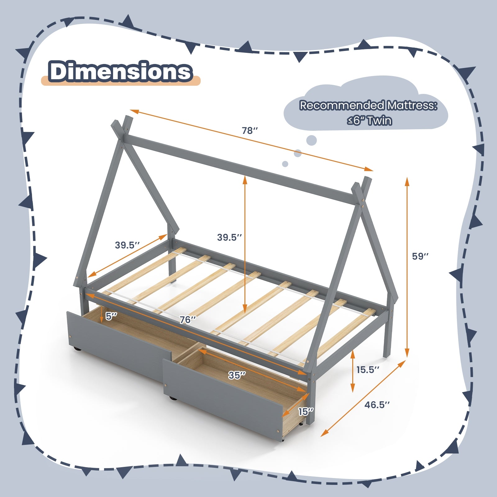 Twin Size Wooden Tent Platform House Bed with 2 Drawers, Gray Simple Bed Frame   at Gallery Canada