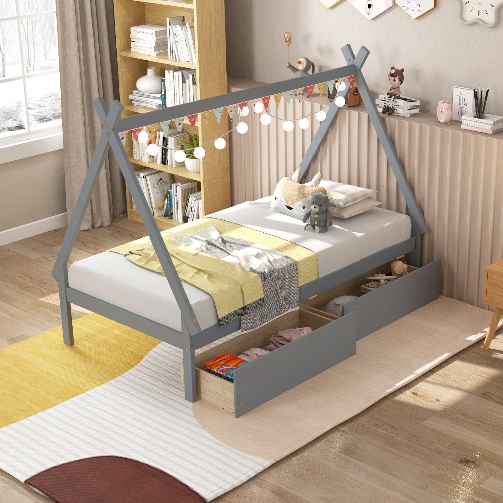 Twin Size Wooden Tent Platform House Bed with 2 Drawers, Gray Simple Bed Frame   at Gallery Canada