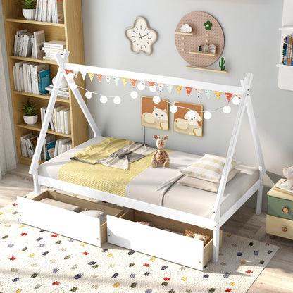 Twin Size Wooden Tent Platform House Bed with 2 Drawers, White Simple Bed Frame   at Gallery Canada