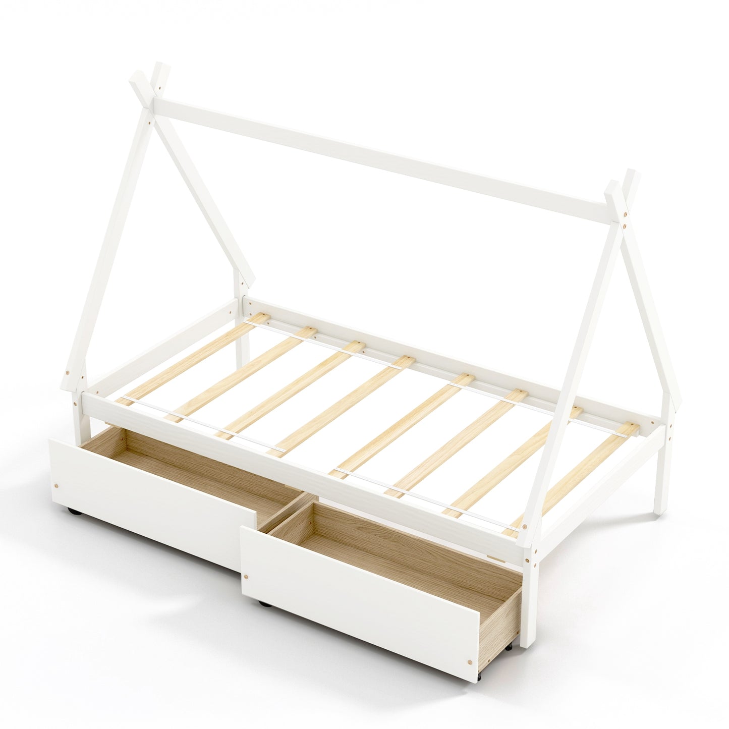 Twin Size Wooden Tent Platform House Bed with 2 Drawers, White Simple Bed Frame White  at Gallery Canada