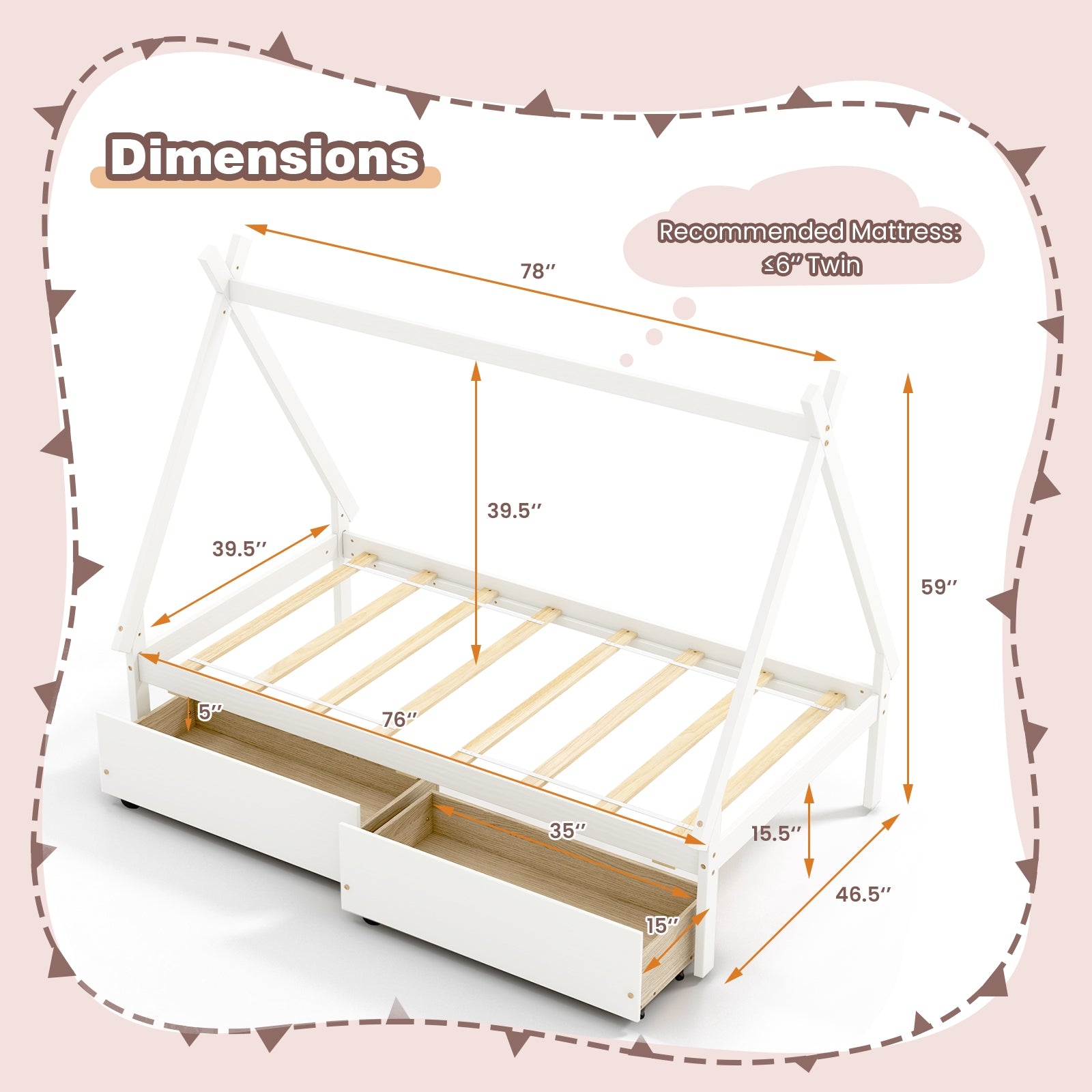 Twin Size Wooden Tent Platform House Bed with 2 Drawers, White Simple Bed Frame   at Gallery Canada