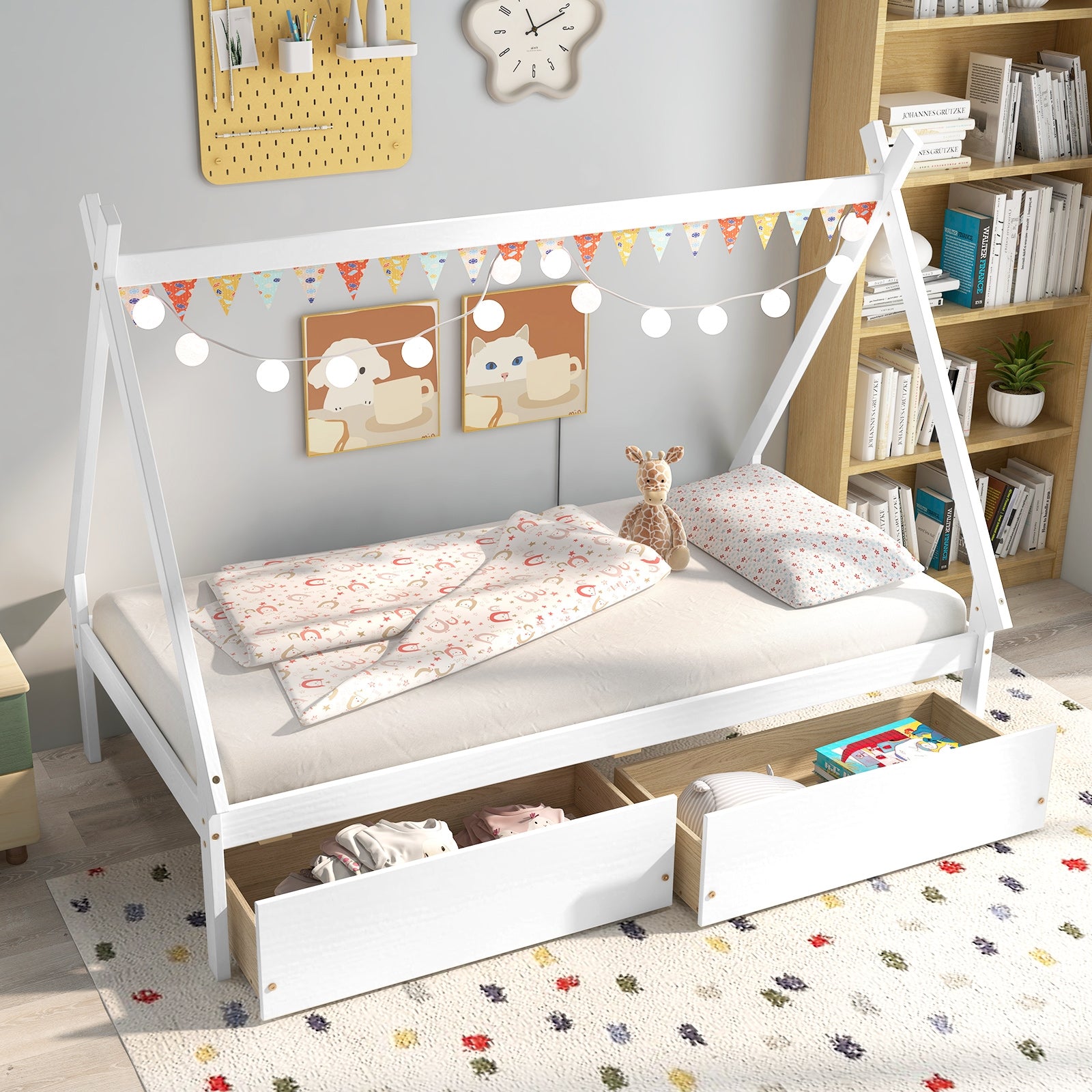 Twin Size Wooden Tent Platform House Bed with 2 Drawers, White Simple Bed Frame   at Gallery Canada