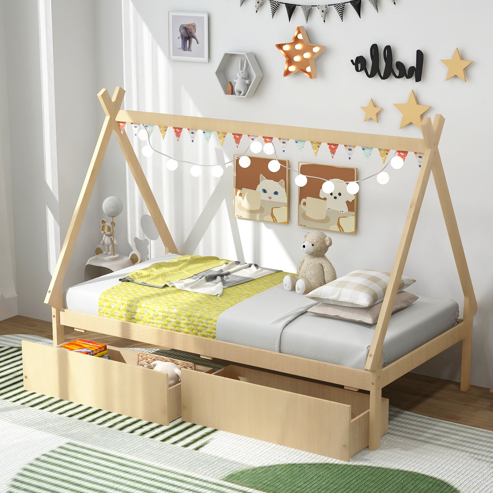 Twin Size Wooden Tent Platform House Bed with 2 Drawers, Natural Simple Bed Frame   at Gallery Canada