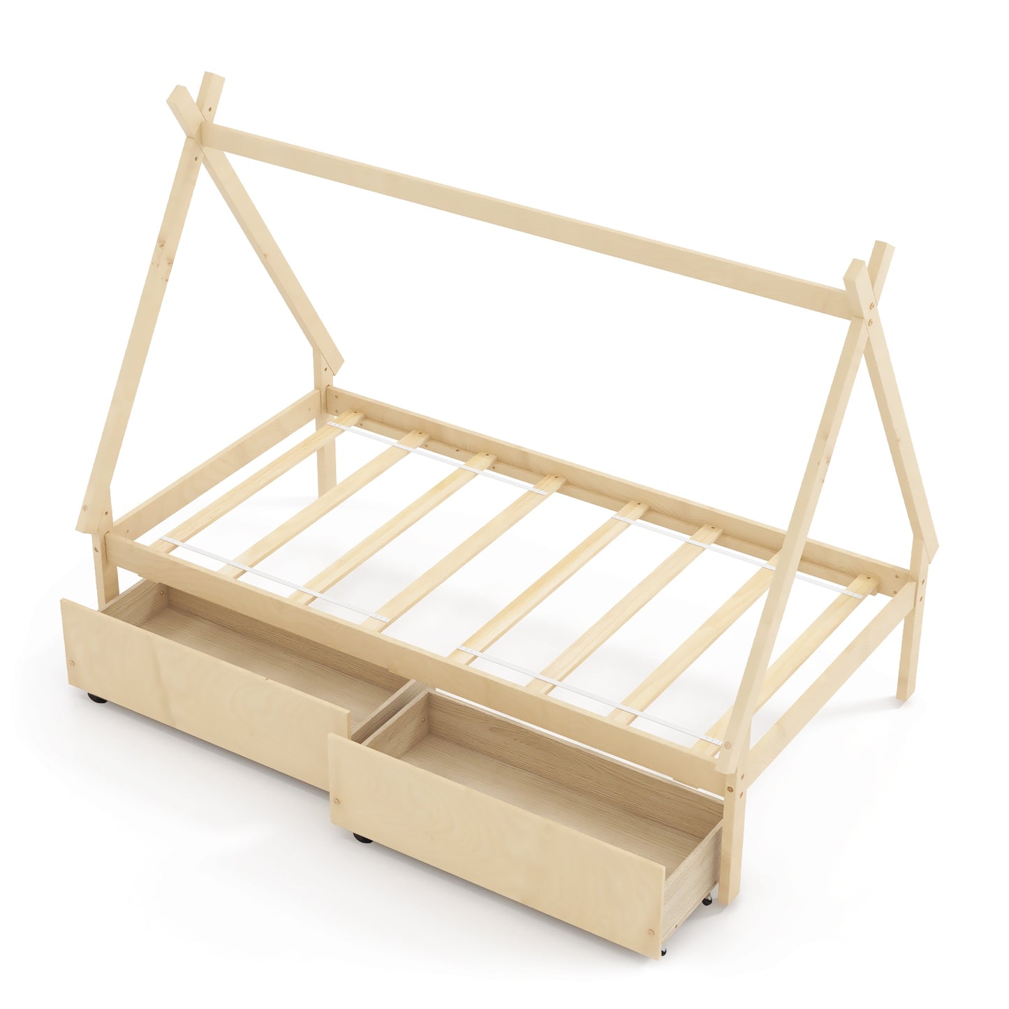 Twin Size Wooden Tent Platform House Bed with 2 Drawers, Natural Simple Bed Frame Natural  at Gallery Canada