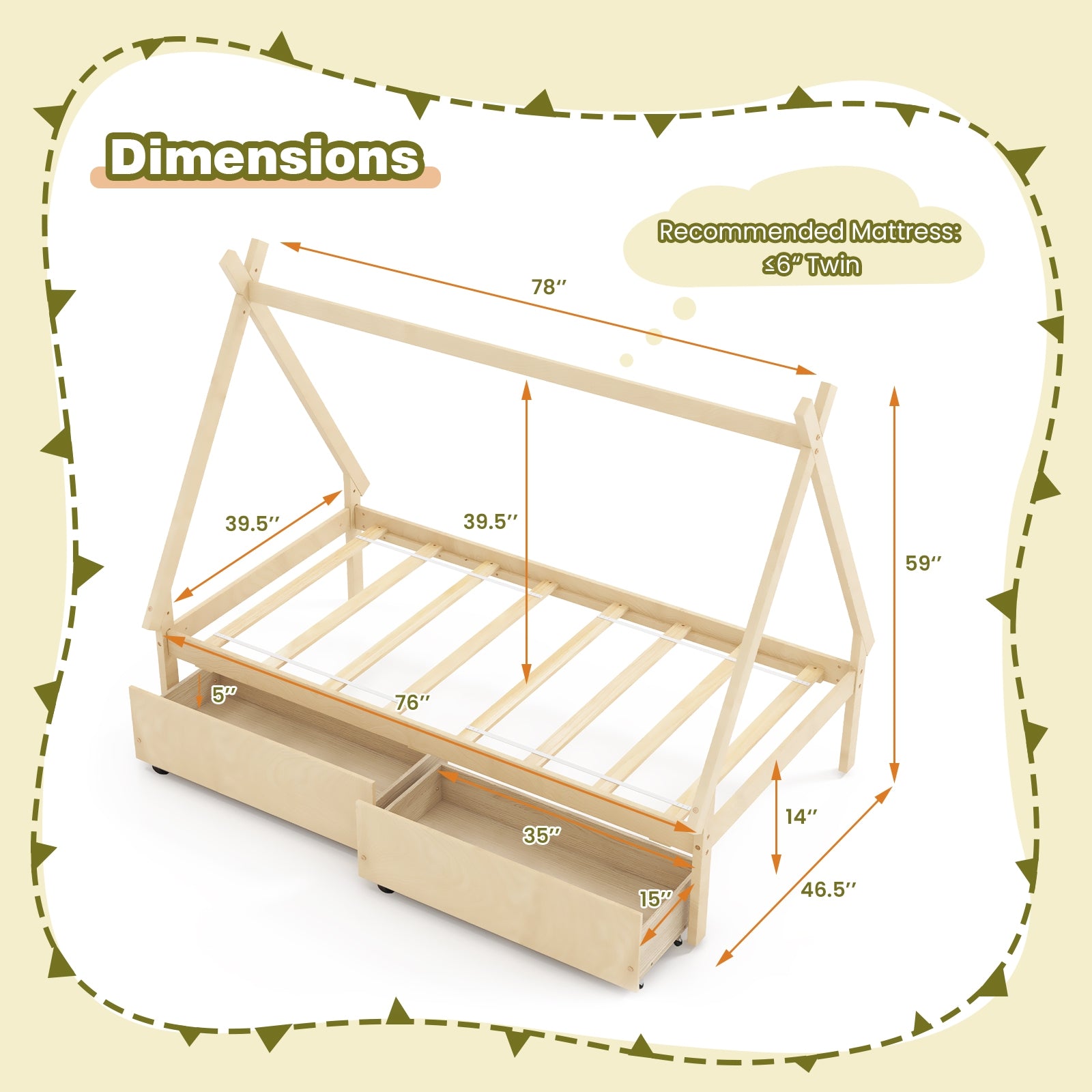 Twin Size Wooden Tent Platform House Bed with 2 Drawers, Natural Simple Bed Frame   at Gallery Canada