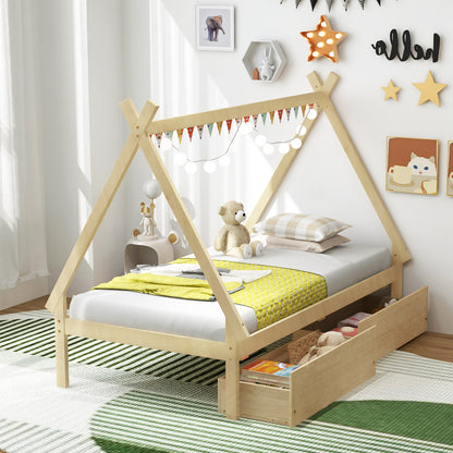 Twin Size Wooden Tent Platform House Bed with 2 Drawers, Natural Simple Bed Frame   at Gallery Canada