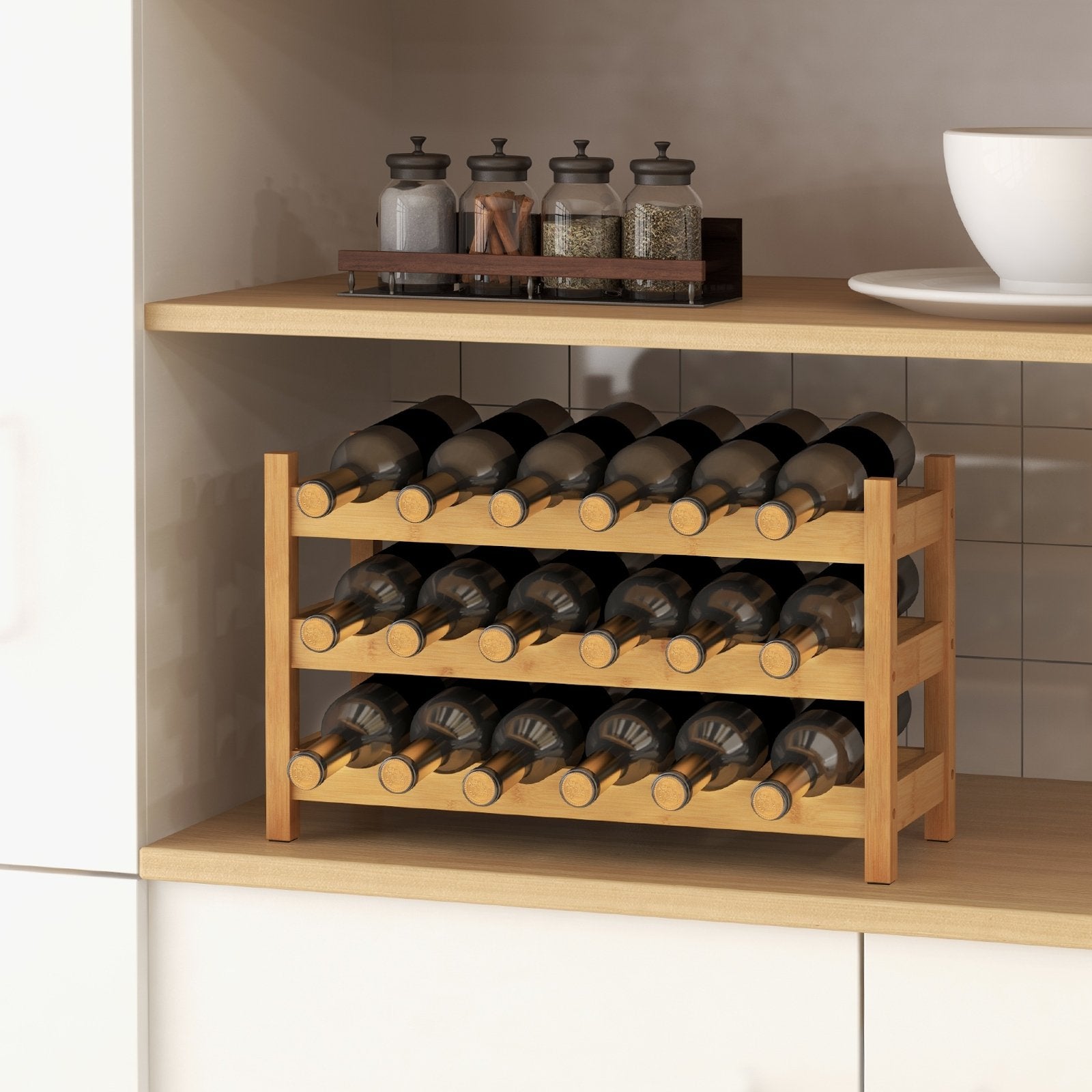 3-Tier Bamboo Freestanding Countertop Wine Bottle Organizer, Natural Wine Racks   at Gallery Canada