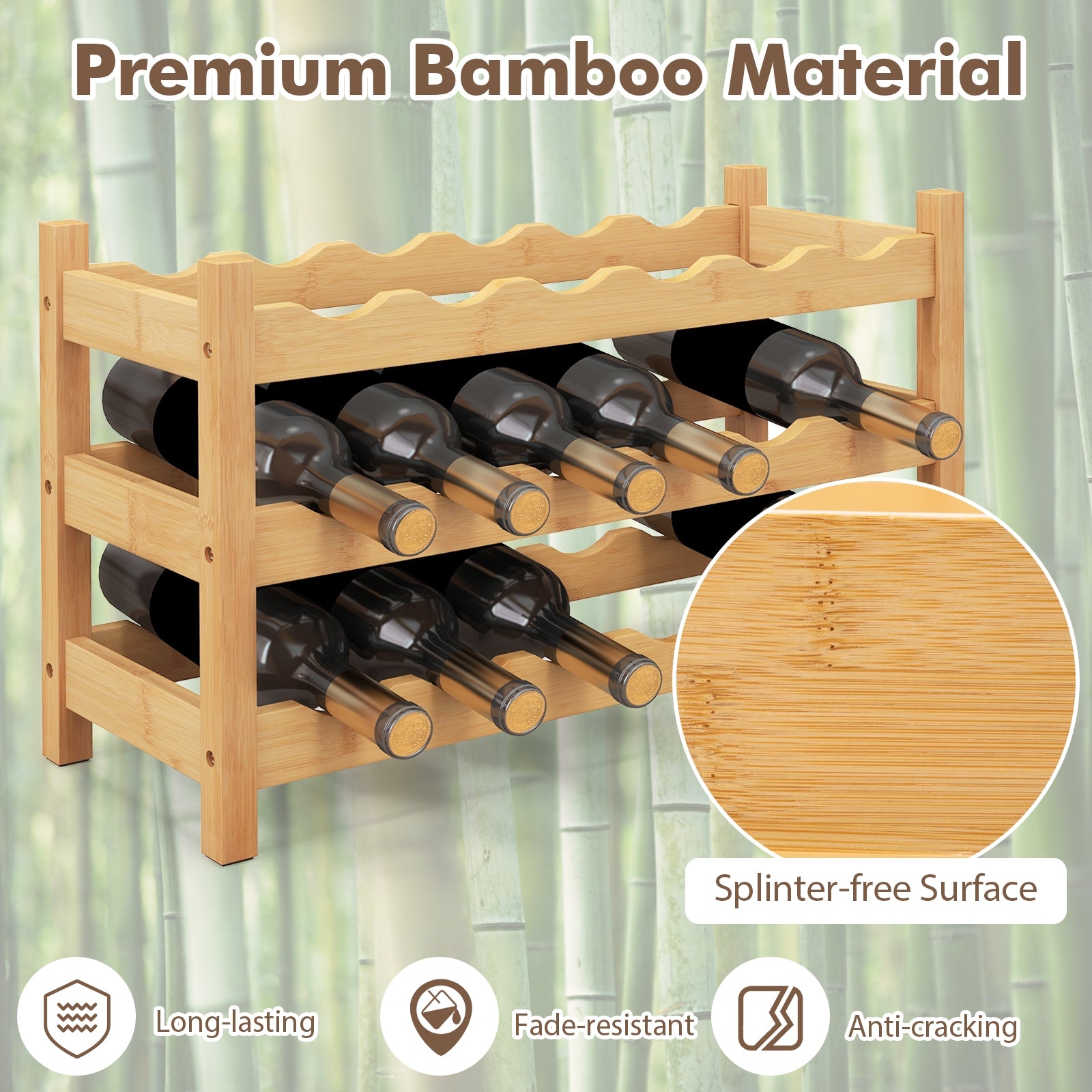 3-Tier Bamboo Freestanding Countertop Wine Bottle Organizer, Natural Wine Racks   at Gallery Canada