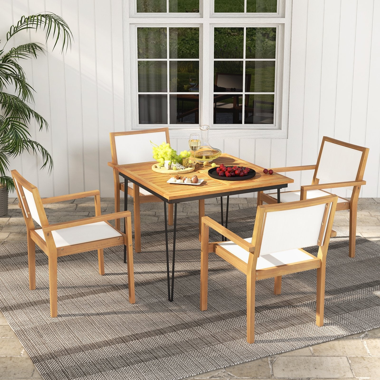 Stackable Outdoor Dining Chair Set of 2 with Acacia Wood Frame, Natural & White Dining Chairs   at Gallery Canada