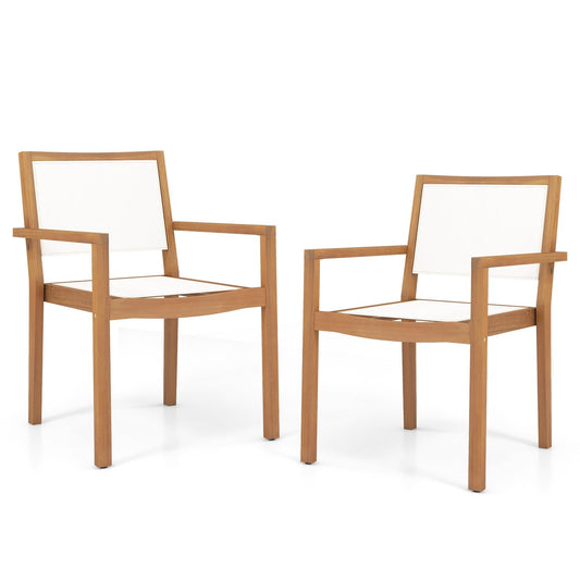 Stackable Outdoor Dining Chair Set of 2 with Acacia Wood Frame, Natural & White Dining Chairs Natural & White  at Gallery Canada