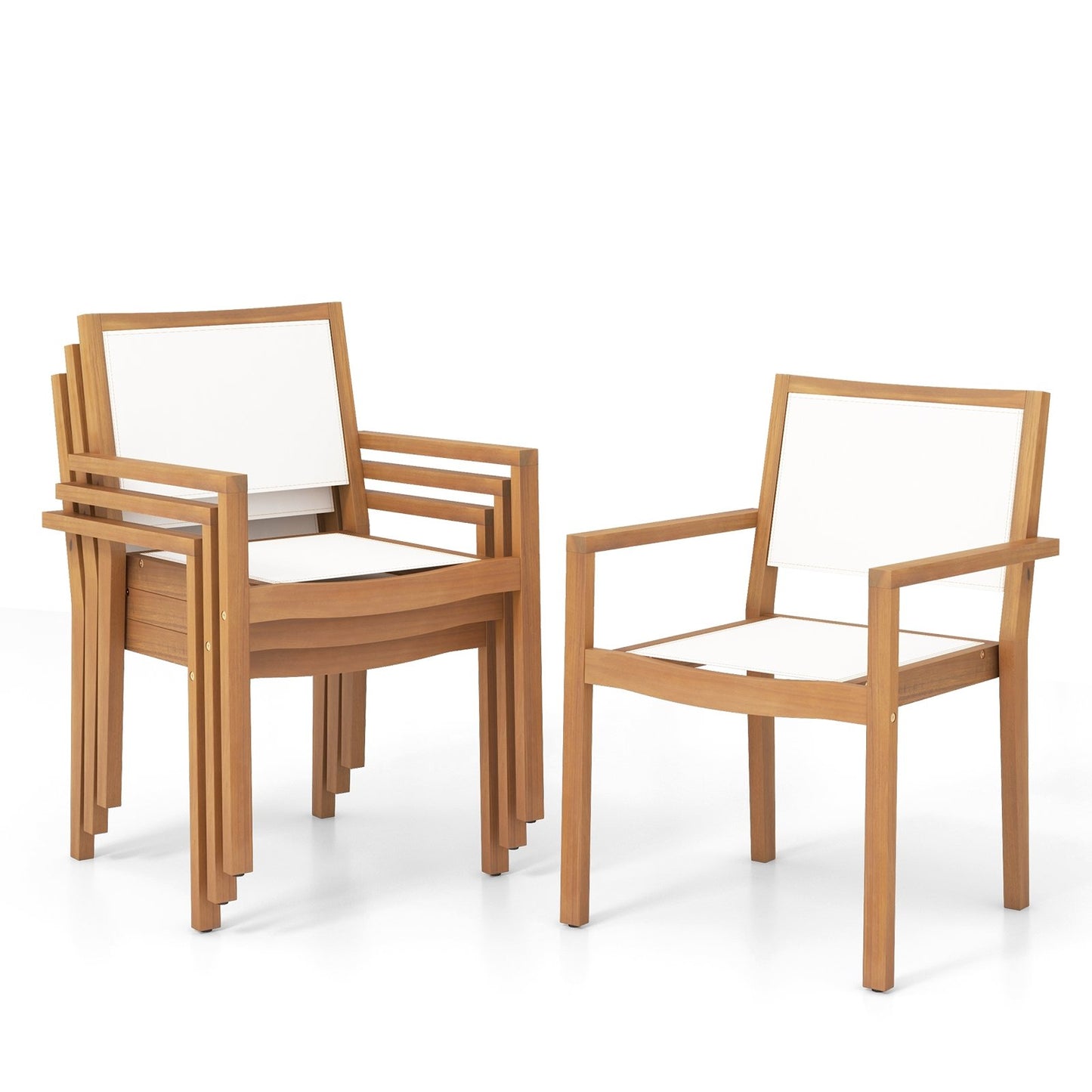 Stackable Outdoor Dining Chair Set of 2 with Acacia Wood Frame, Natural & White Dining Chairs   at Gallery Canada