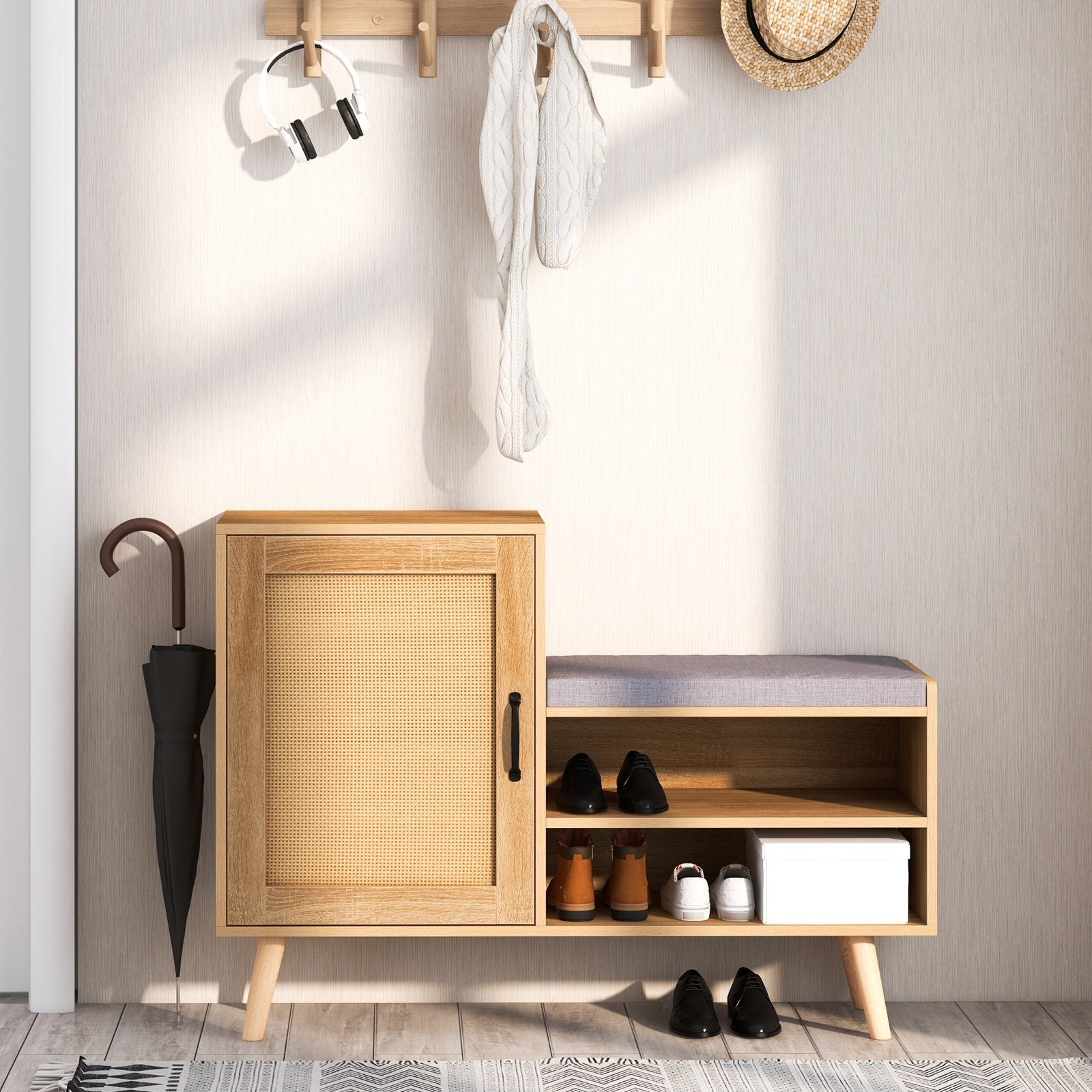 2-in-1 Rattan Shoe Cabinet with Bench Shoe Storage Bench with Washable Cushion, Natural Shoe Racks & Storage Benches   at Gallery Canada