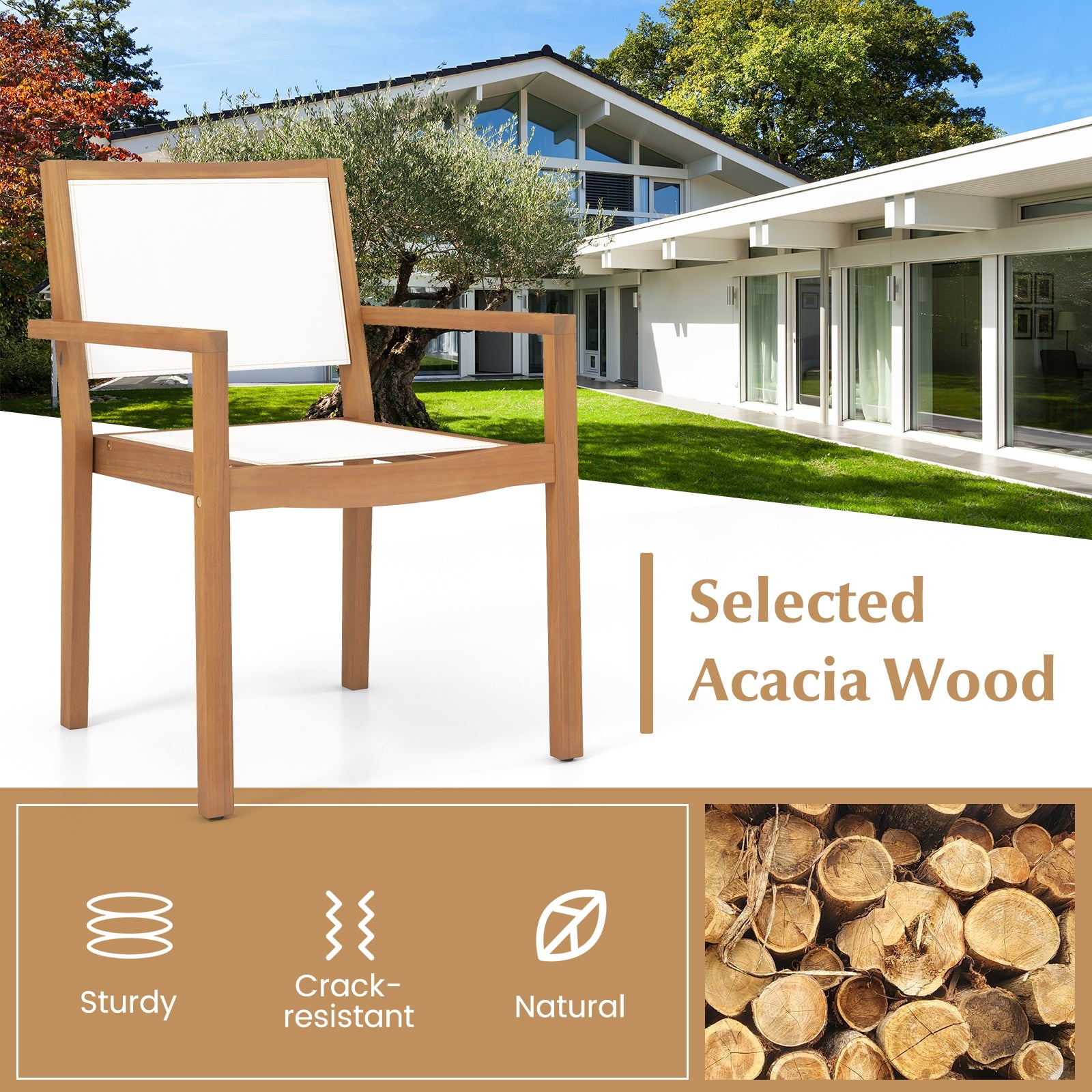 Stackable Outdoor Dining Chair Set of 2 with Acacia Wood Frame, Natural & White Dining Chairs   at Gallery Canada