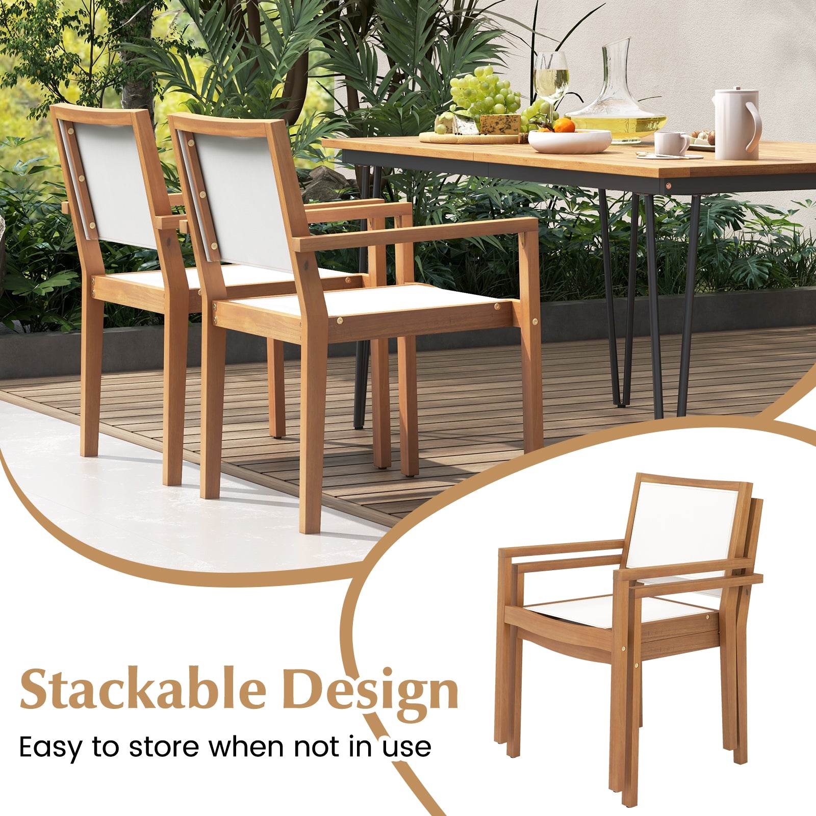 Stackable Outdoor Dining Chair Set of 2 with Acacia Wood Frame, Natural & White Dining Chairs   at Gallery Canada