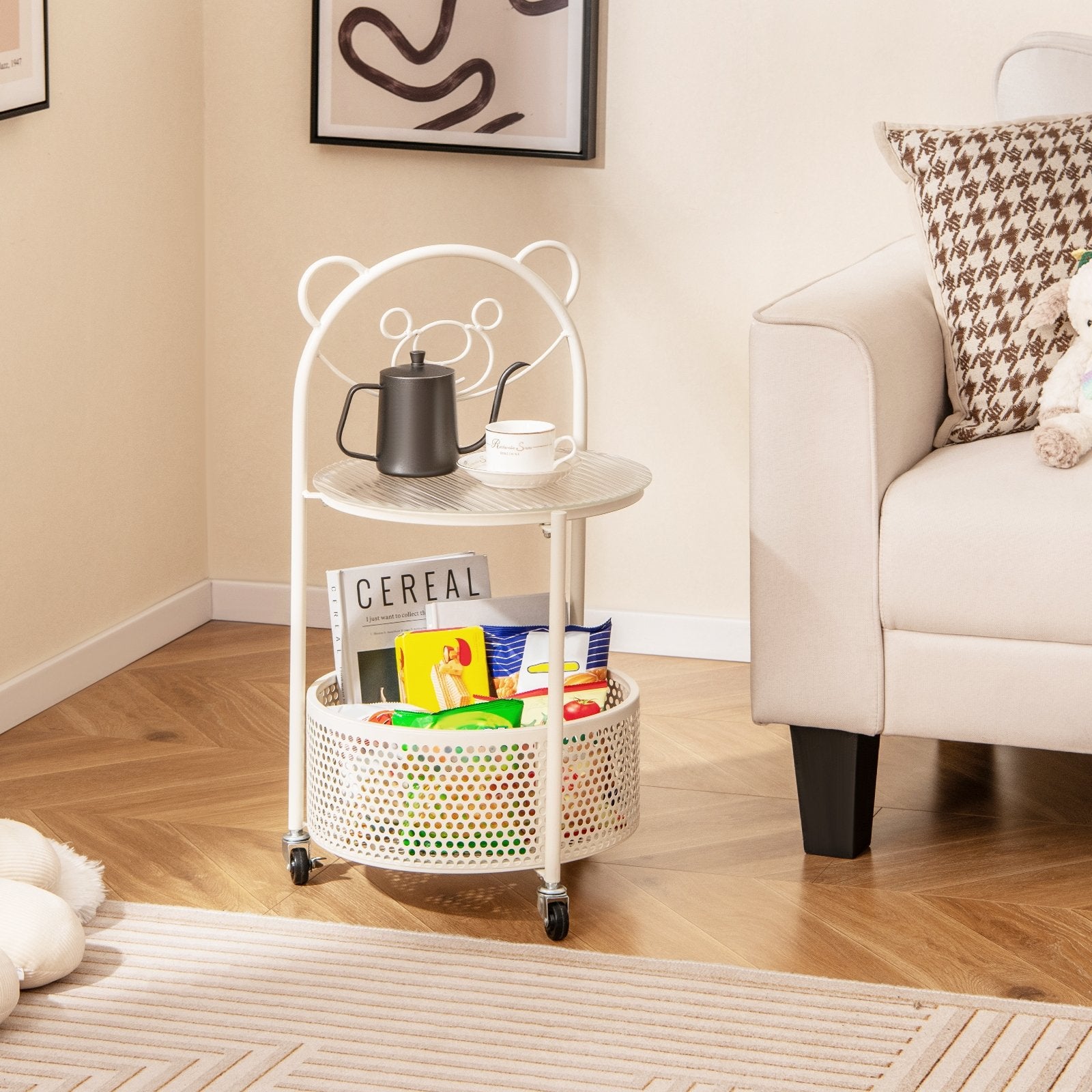 Modern Sofa Side Table on Lockable Wheels for Living Room Bedroom Study, White End & Side Tables   at Gallery Canada