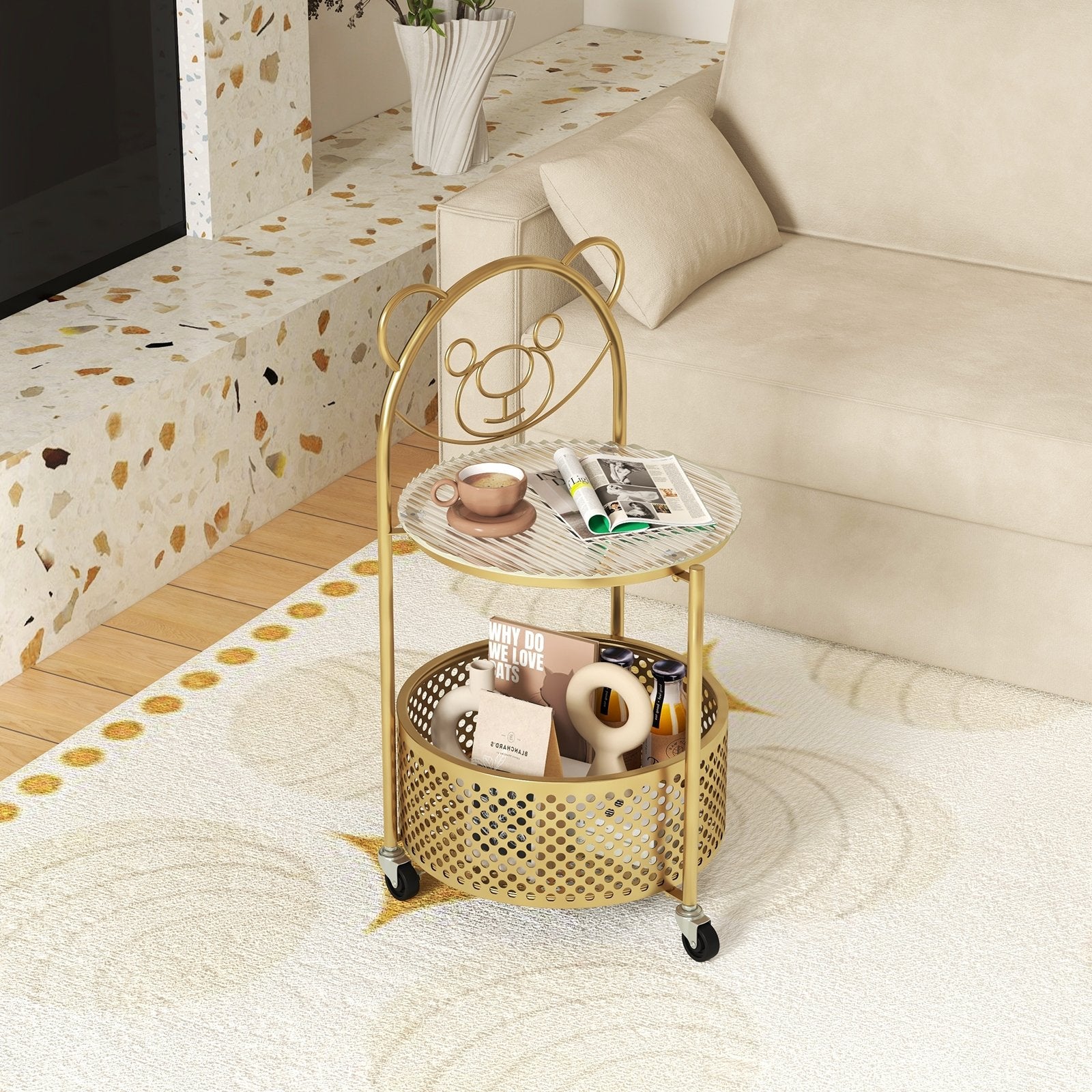 Modern Sofa Side Table on Lockable Wheels for Living Room Bedroom Study-Gold, Golden End & Side Tables   at Gallery Canada