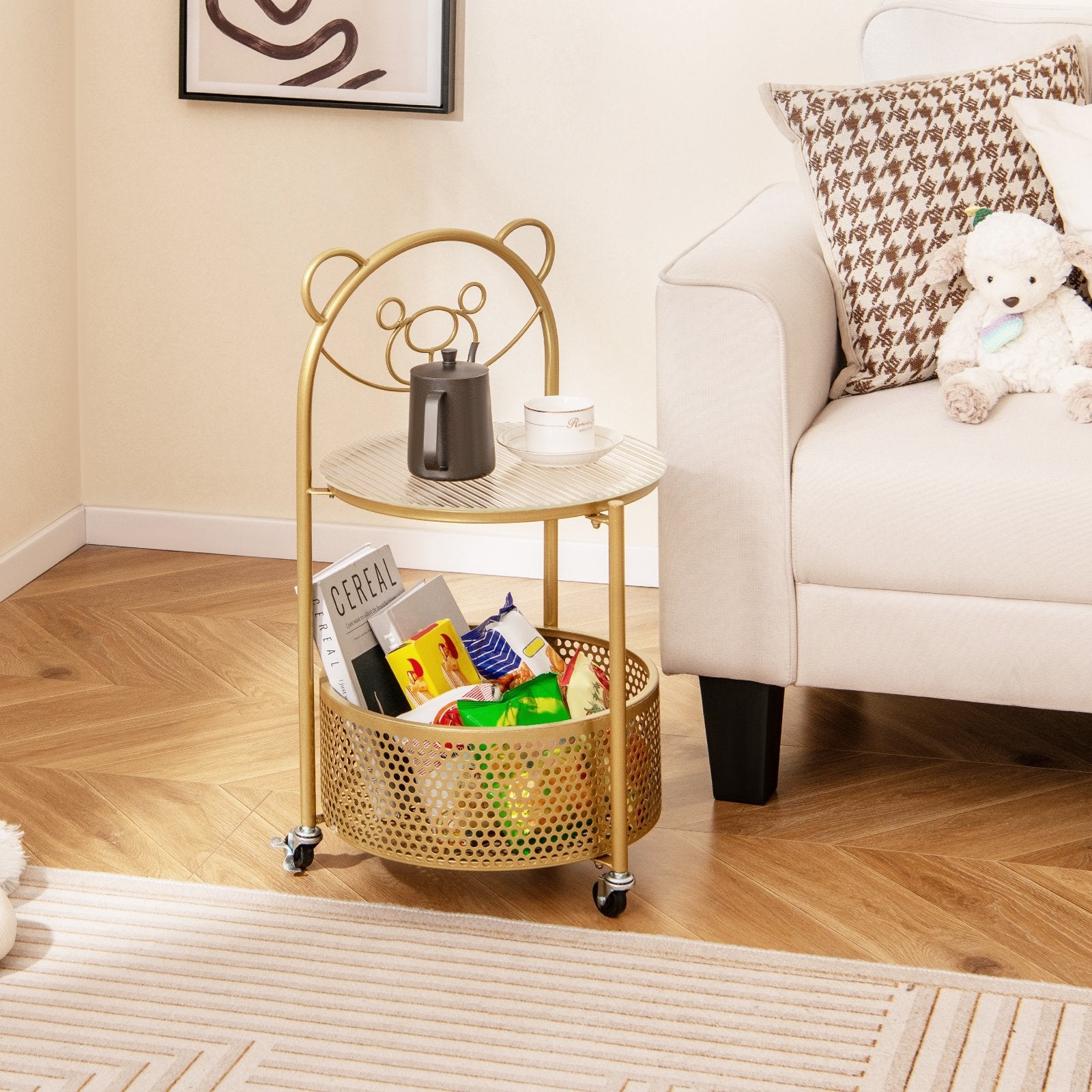 Modern Sofa Side Table on Lockable Wheels for Living Room Bedroom Study-Gold, Golden End & Side Tables   at Gallery Canada