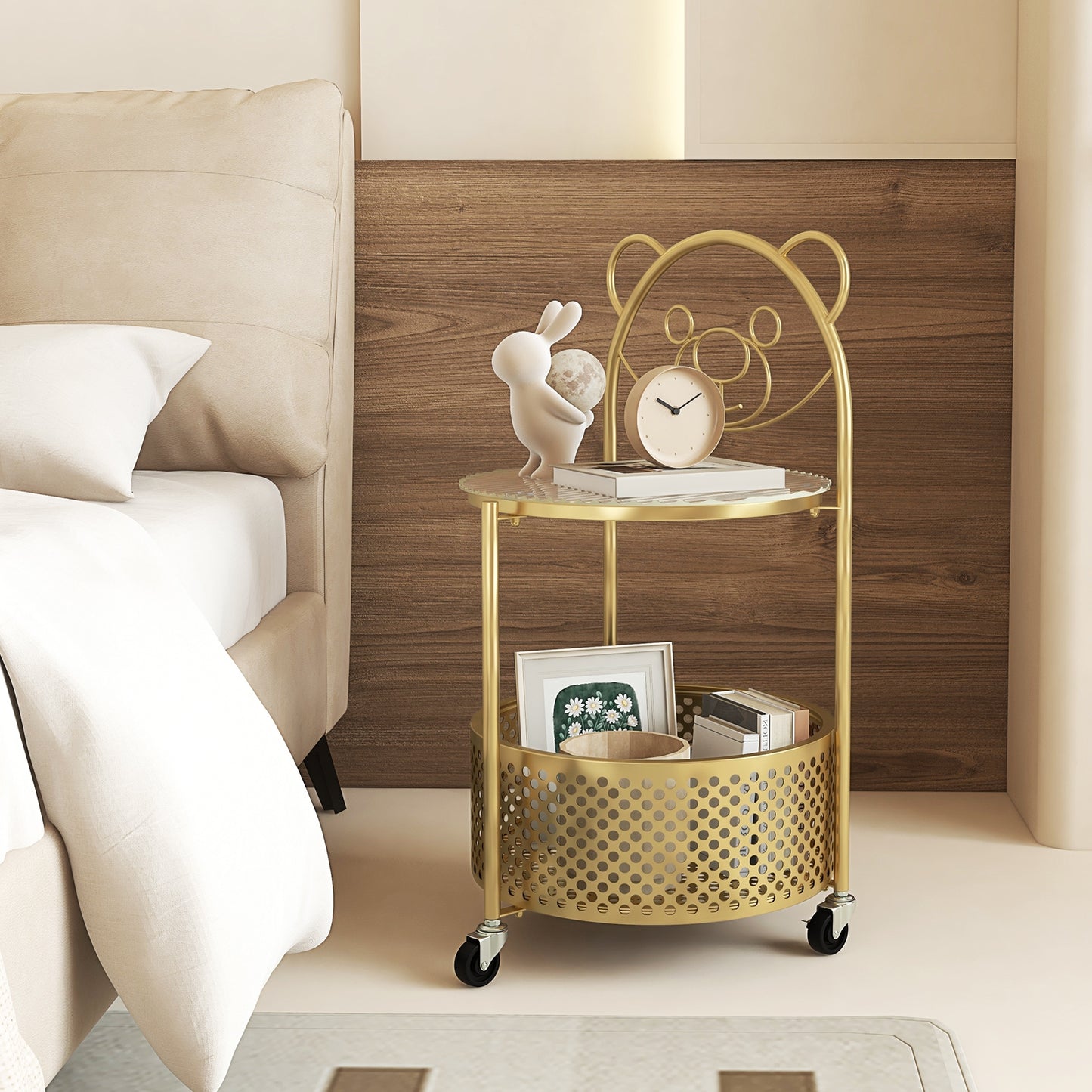 Modern Sofa Side Table on Lockable Wheels for Living Room Bedroom Study-Gold, Golden End & Side Tables   at Gallery Canada