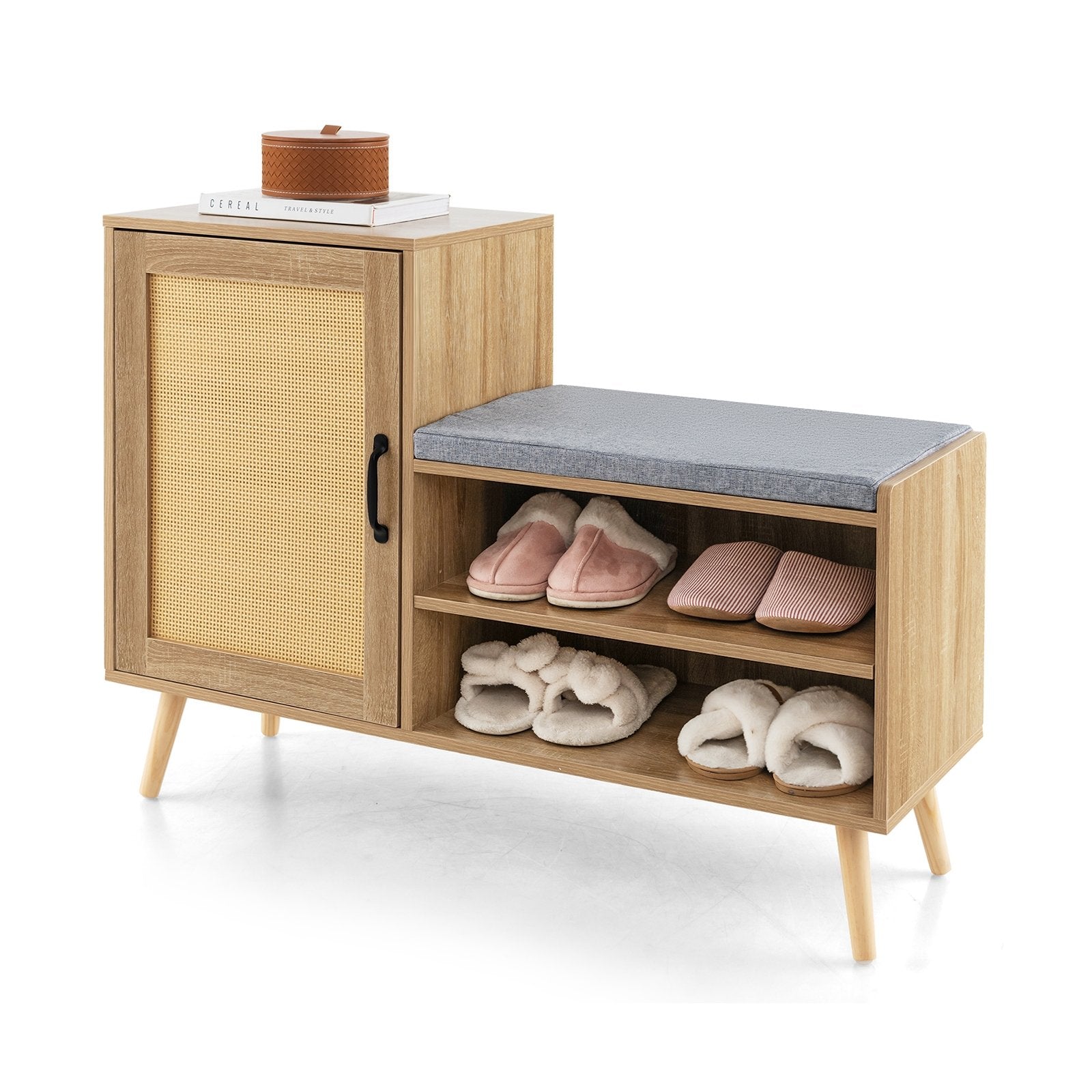 2-in-1 Rattan Shoe Cabinet with Bench Shoe Storage Bench with Washable Cushion, Natural Shoe Racks & Storage Benches Natural  at Gallery Canada