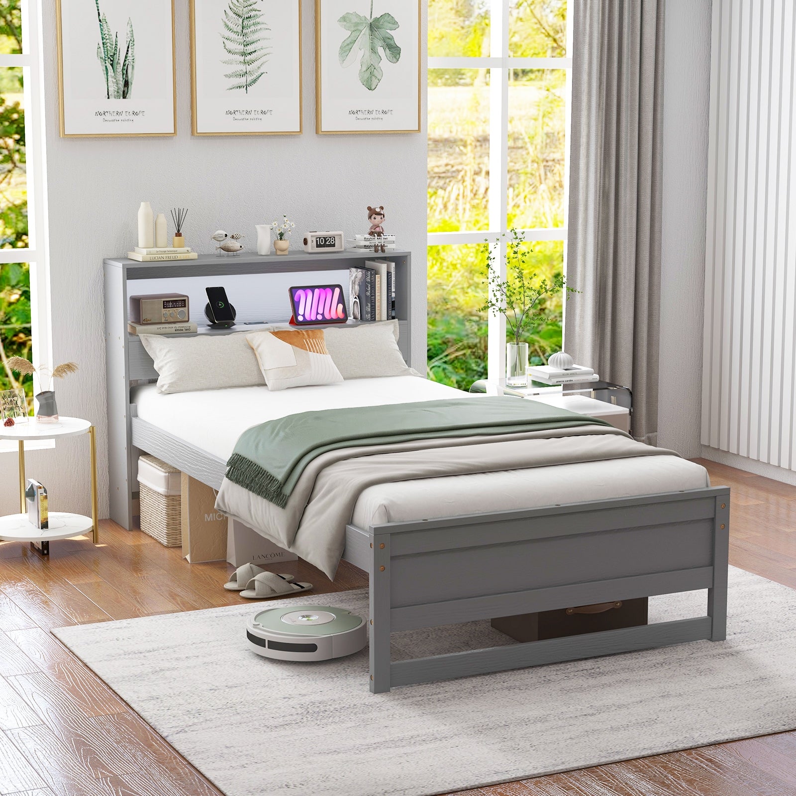 Twin Size Bed Frame with Storage Headboard and Charging Station, Gray Toddler Beds   at Gallery Canada