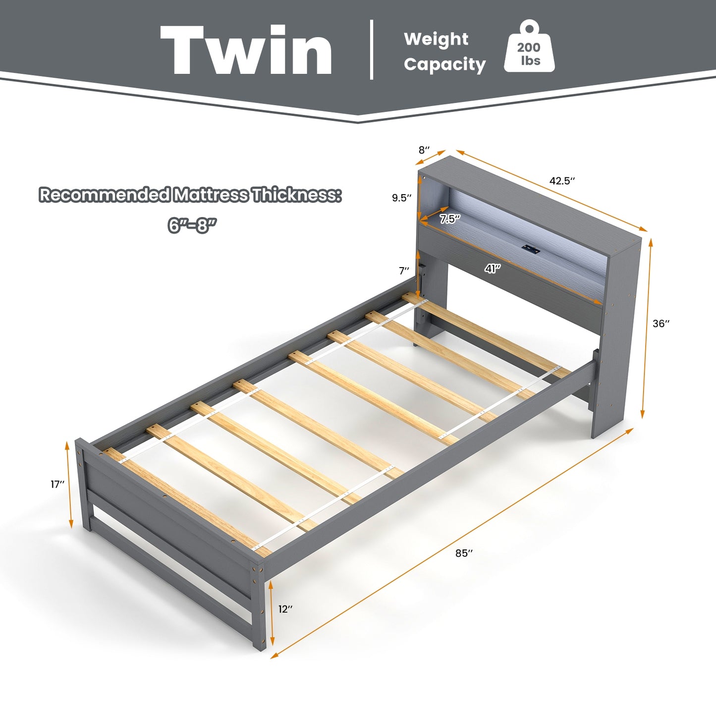 Twin Size Bed Frame with Storage Headboard and Charging Station, Gray Toddler Beds   at Gallery Canada