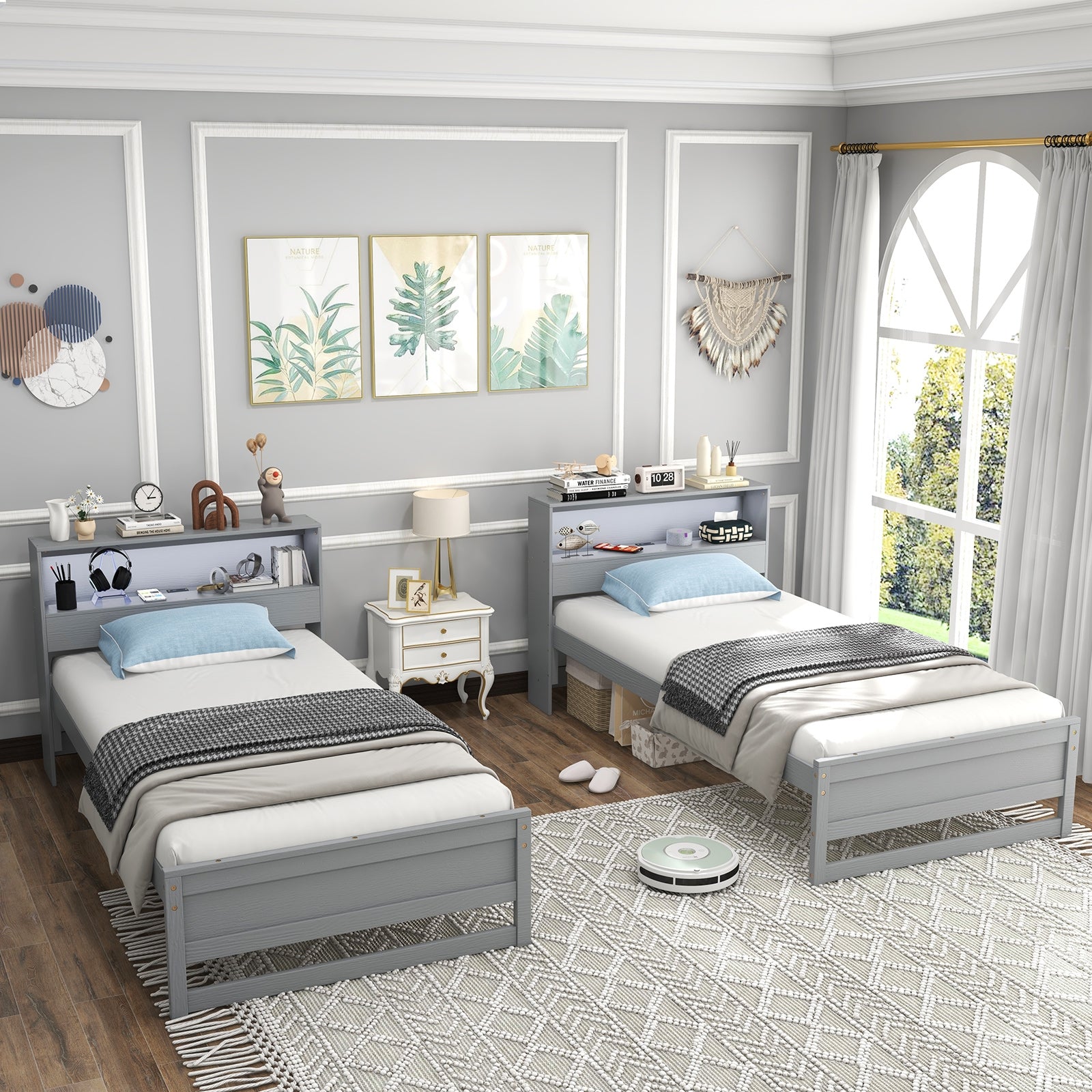 Twin Size Bed Frame with Storage Headboard and Charging Station, Gray Toddler Beds   at Gallery Canada