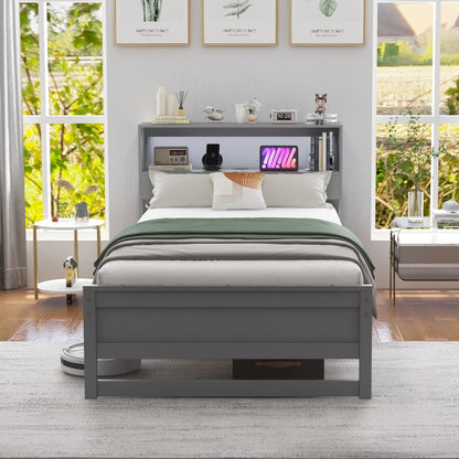 Twin Size Bed Frame with Storage Headboard and Charging Station, Gray Toddler Beds   at Gallery Canada